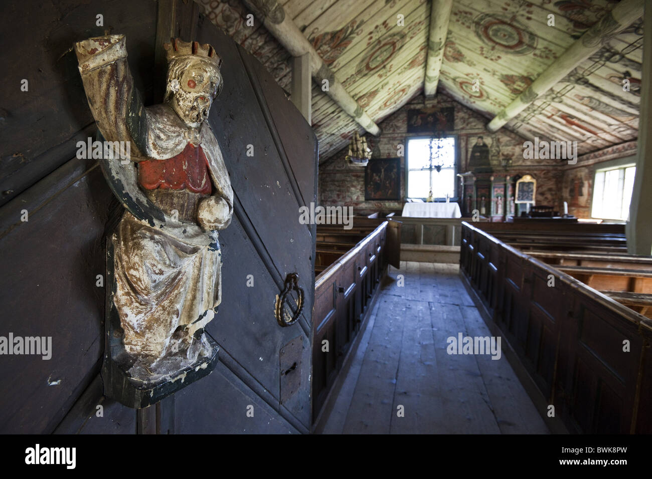 Vista interna del chapell Ulvoen Gamla Kapell, Hoega Kusten, Vaesternorrland, Svezia, Europa Foto Stock
