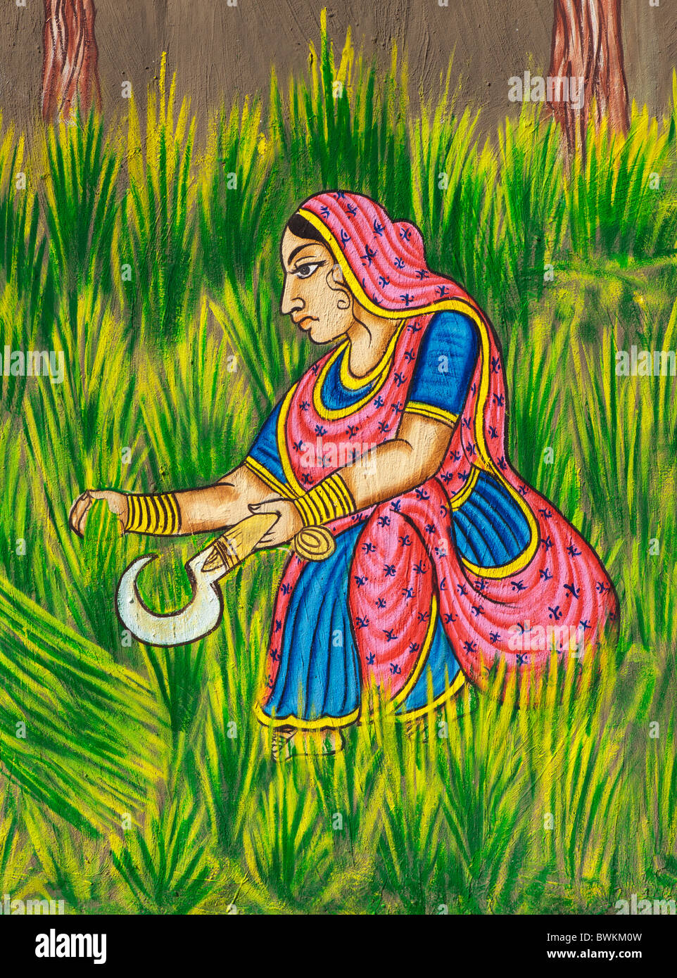 Tradizionale pittura indiana di una donna indiana la mietitura dei raccolti Foto Stock