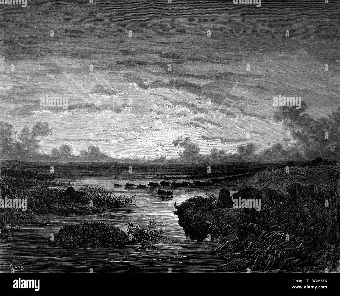 Gustave Doré; nero e bianco; incisione Mississippi Savannah; una scena Chactas e Atala da François-René de Chateaubriand Foto Stock