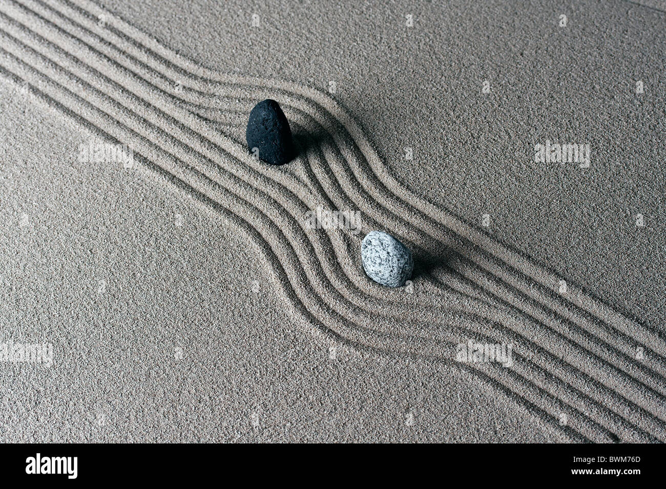 Rastrellata sabbia - zen rock garden - Giappone Zen spirito ispirato disposizione Foto Stock