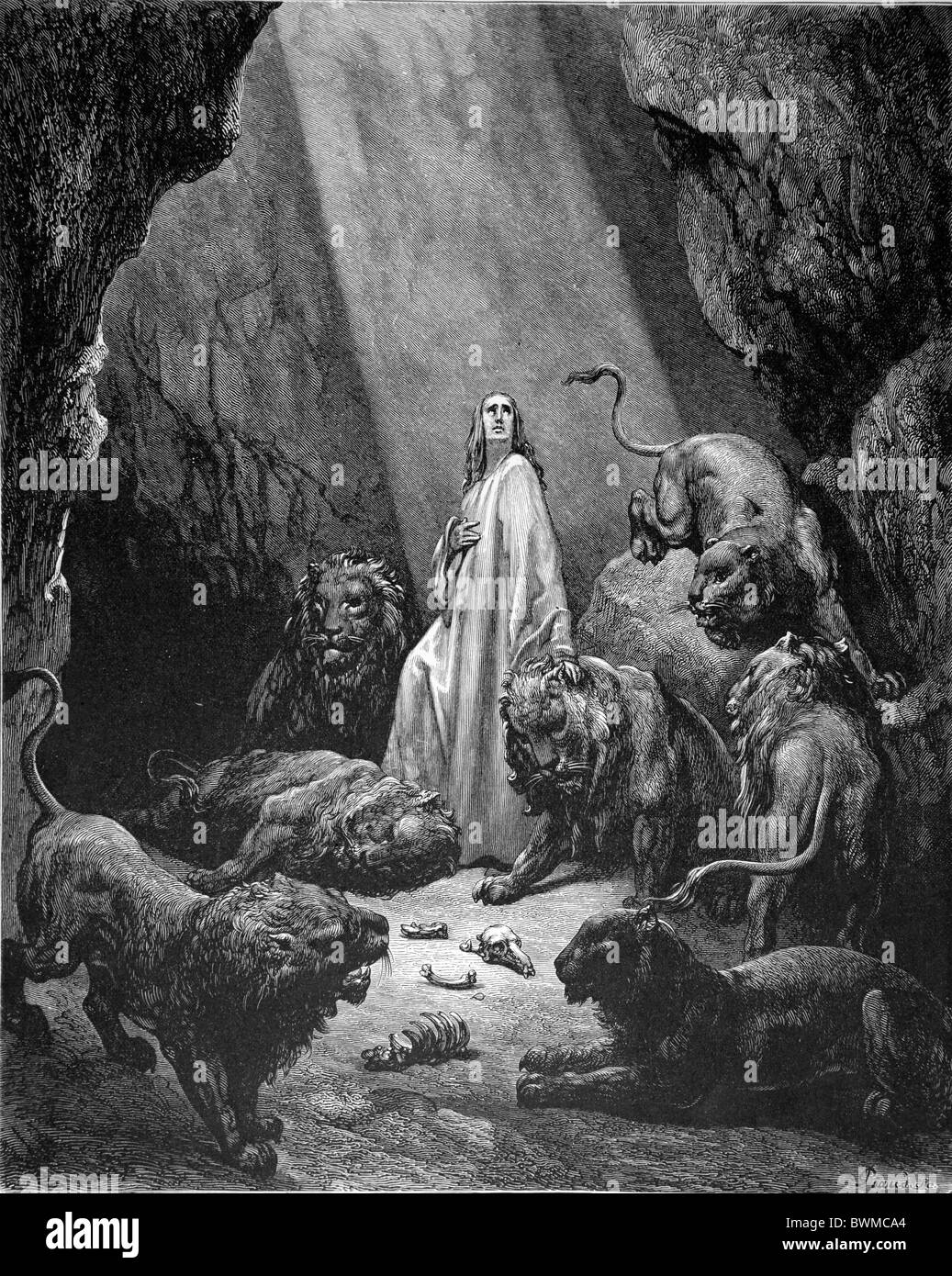 Gustave Doré; Daniel in the Lion's Den; Bianco e Nero incisione Foto Stock