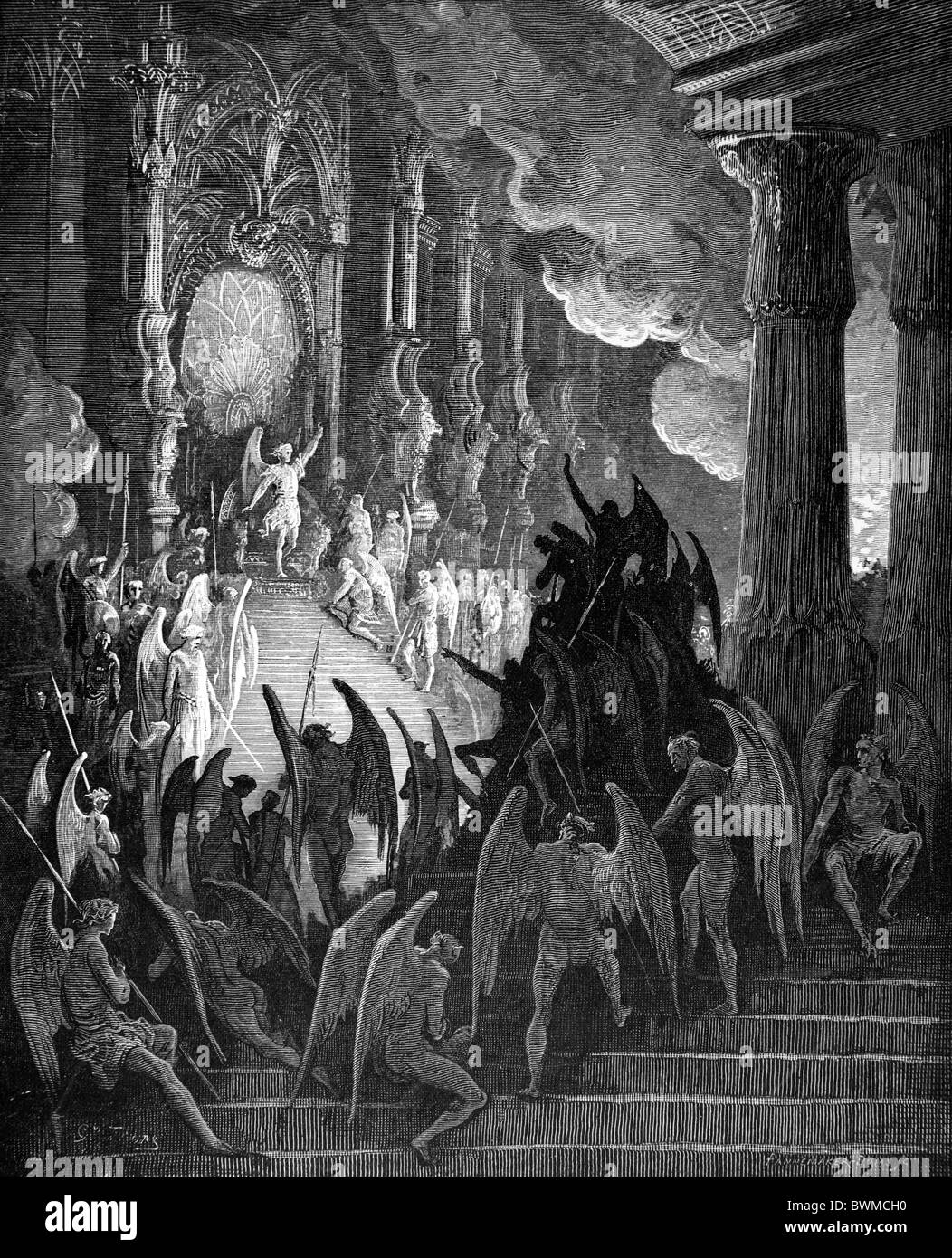 Gustave Doré; nero e bianco; incisione Satana in Consiglio da John Milton il Paradiso Perduto Foto Stock