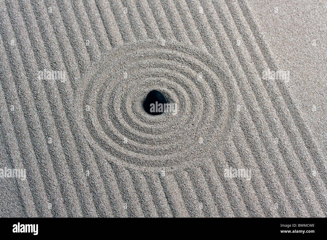 Rastrellata sabbia - zen rock garden - Giappone Zen spirito ispirato disposizione Foto Stock