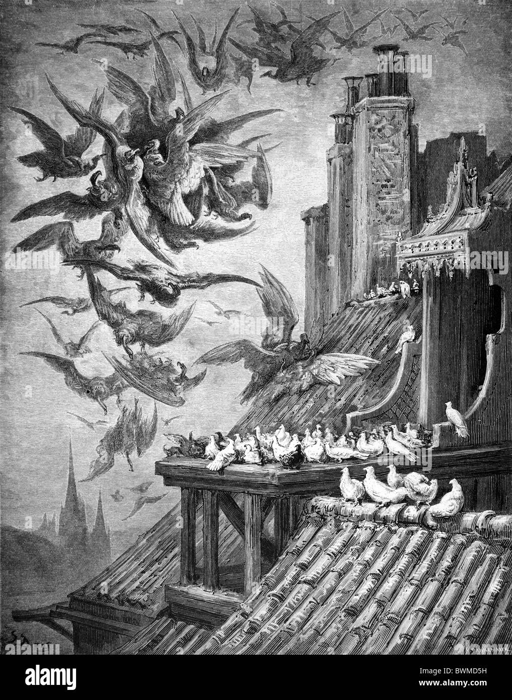 Gustave Doré; gli avvoltoi e i piccioni, illustrazione di Jean de la Fontaine le fiabe; Bianco e Nero incisione Foto Stock