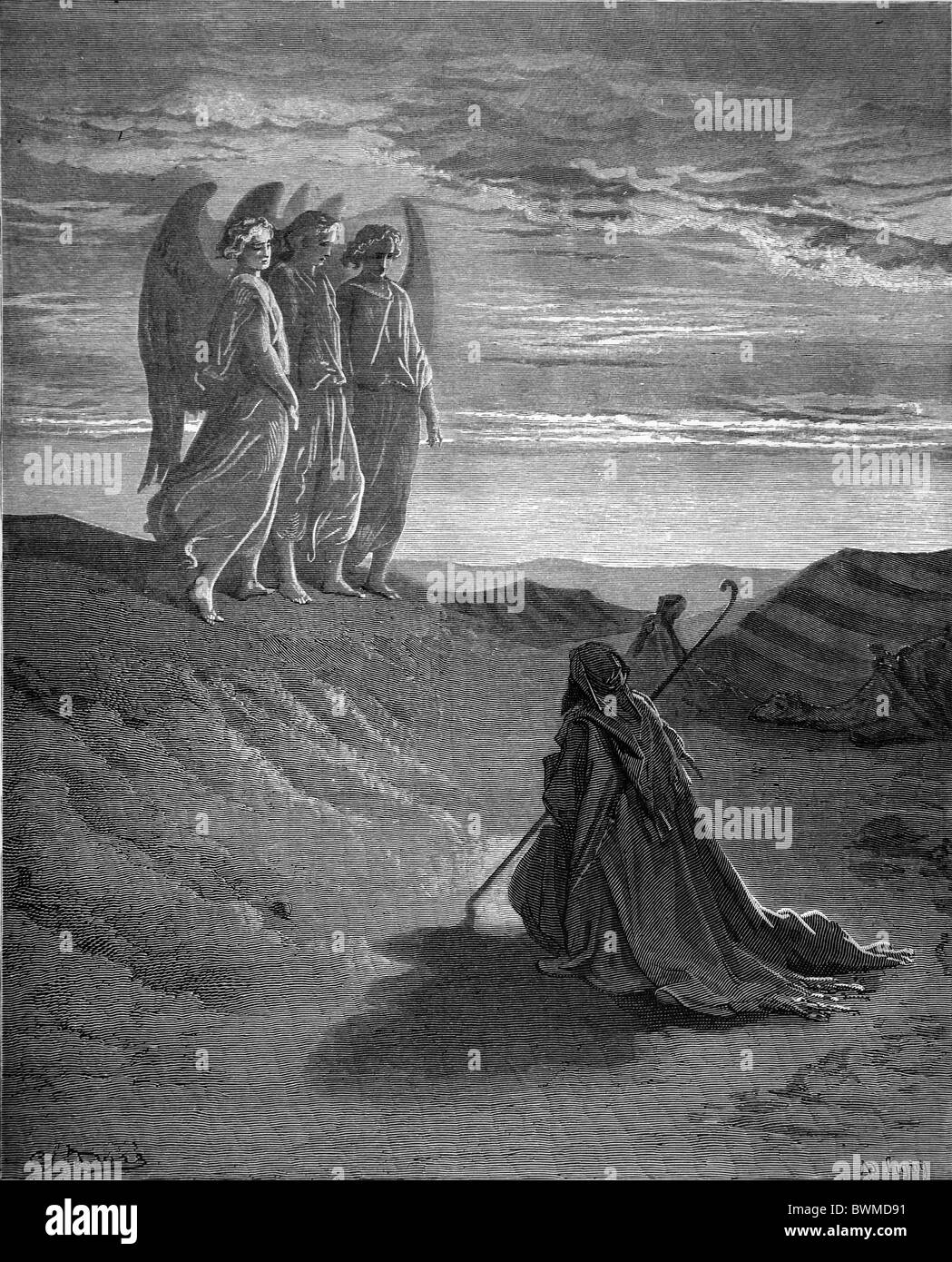Gustave Doré; Abramo e i tre angeli; Bianco e Nero incisione Foto Stock