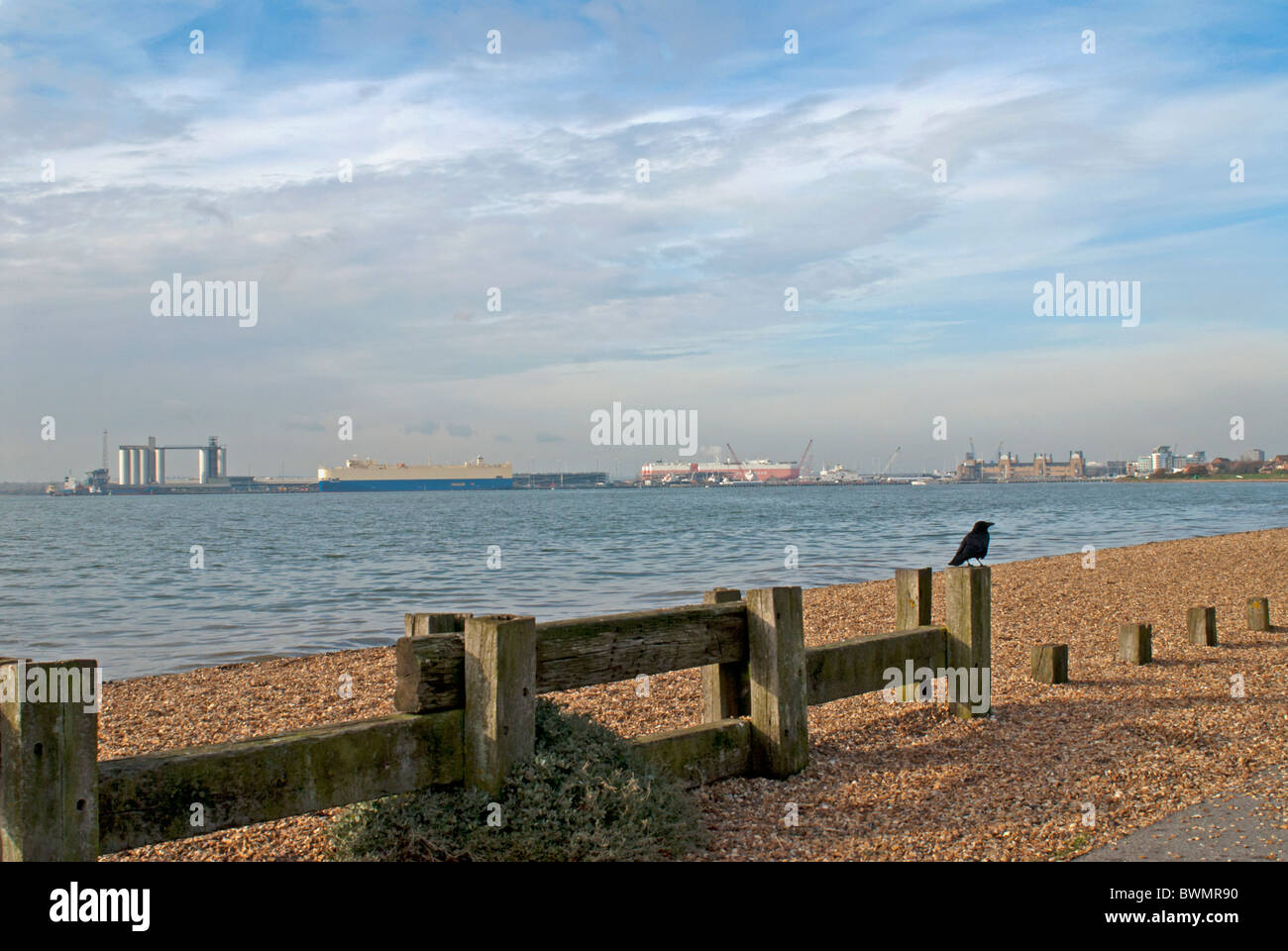 Vista di Southampton Docks tra acqua e spiaggia Foto Stock