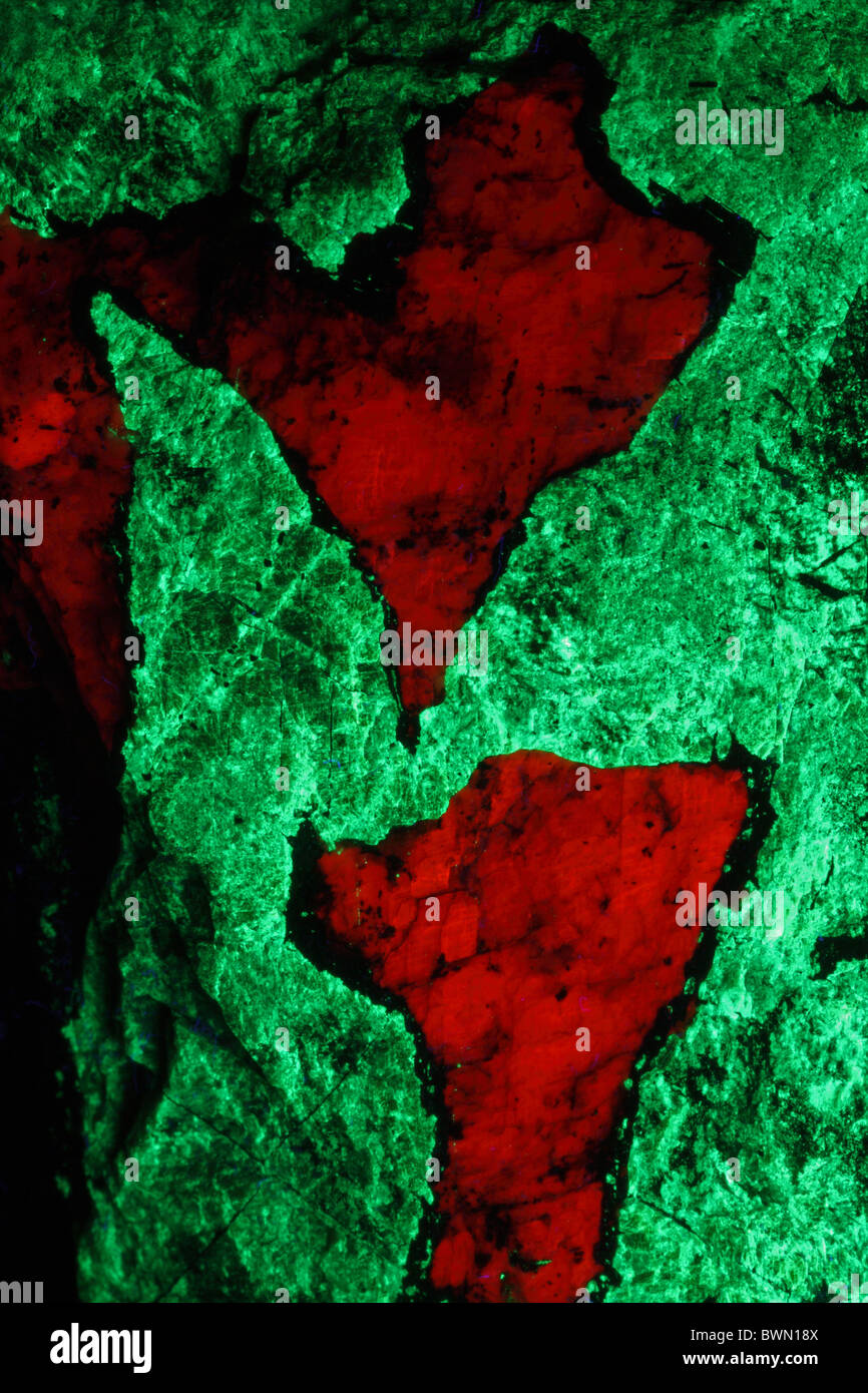 Willemite (verde) e calcite (rosso) - Franklin New Jersey - prese sotto luce UV - USA Foto Stock