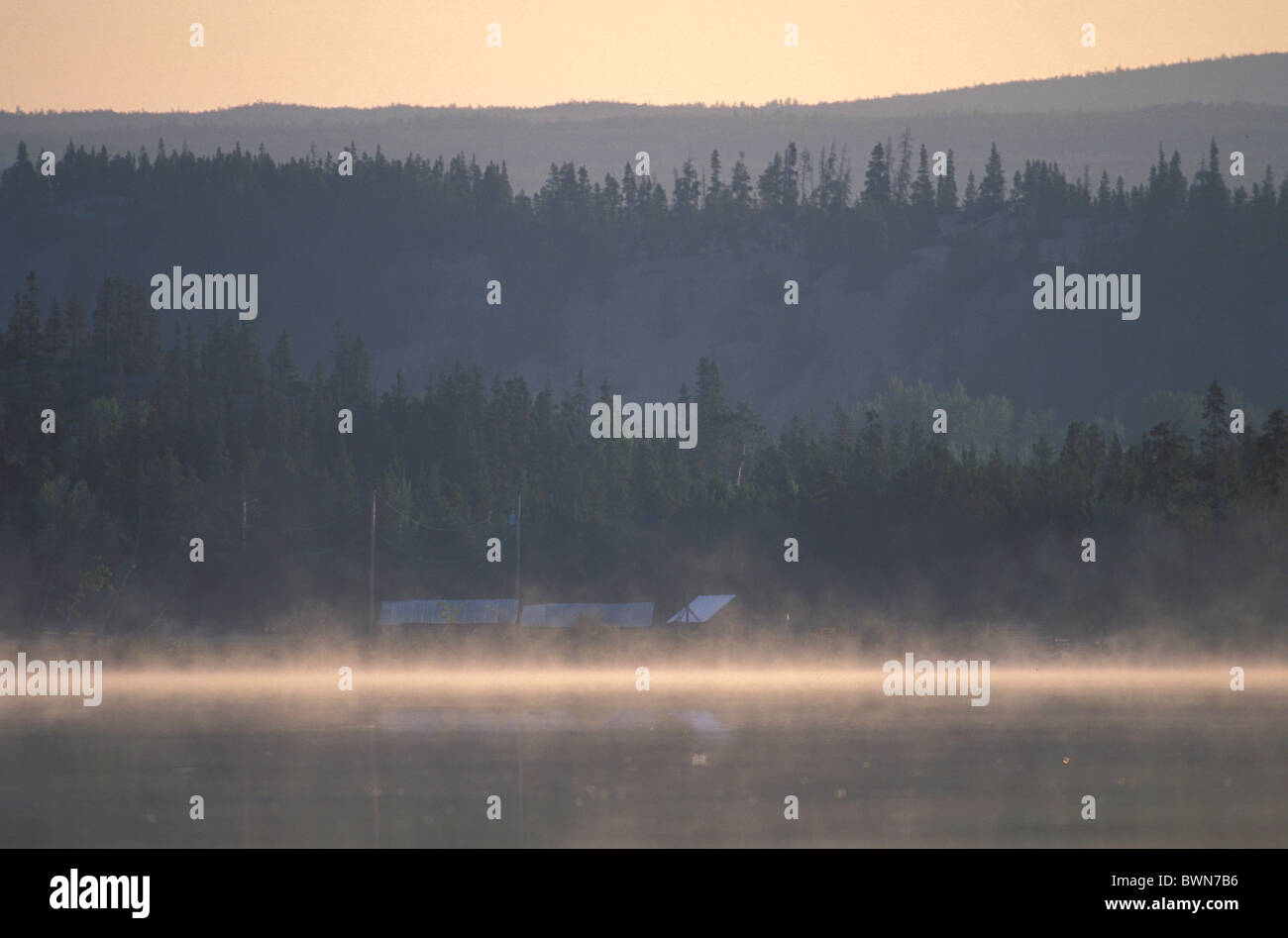 Canada America del Nord America nebbia di mattina Clearwater e il Lago di British Columbia paesaggio foggy nebbia misty conifer Foto Stock