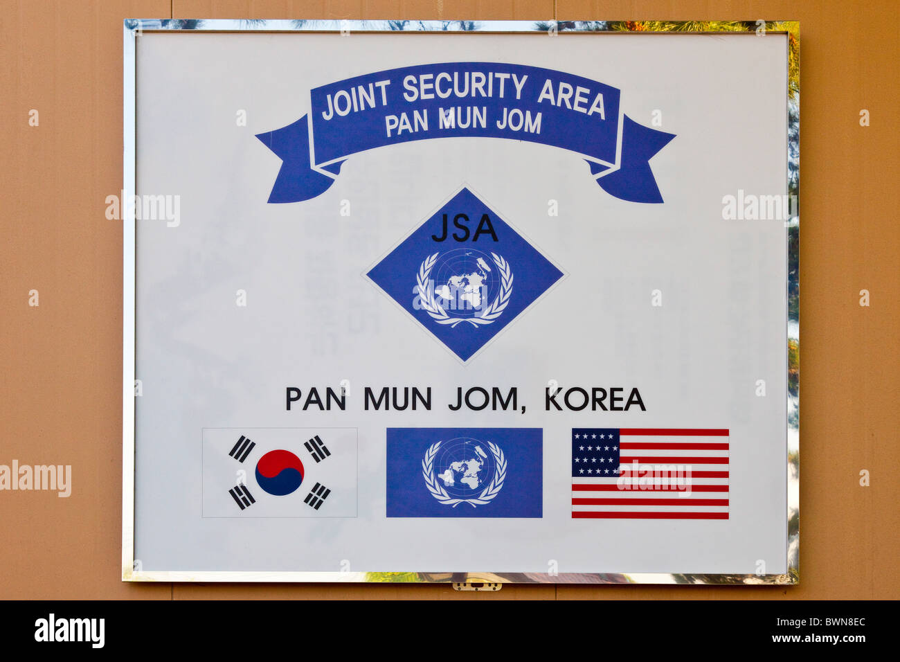 JSA Joint Area di sicurezza segno DMZ, Demilitarized Zone, la Corea del Sud. JMH3845 Foto Stock