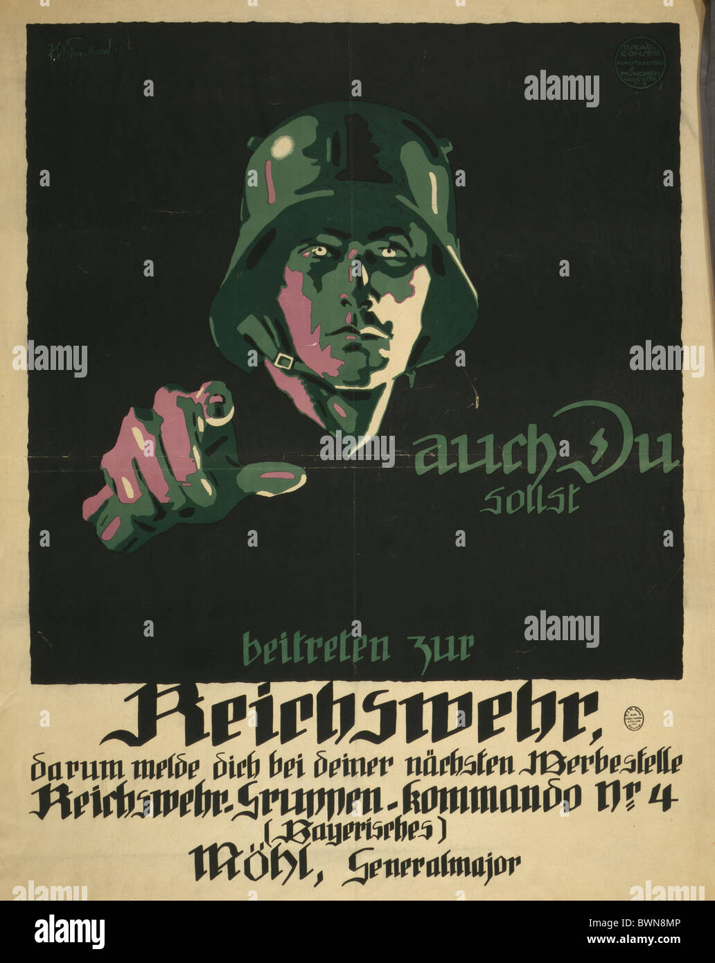 Reichswehr 1919 Repubblica di Weimar generale Mohl grandi poster di propaganda di reclutamento Il reclutamento di pubblicità mili Foto Stock