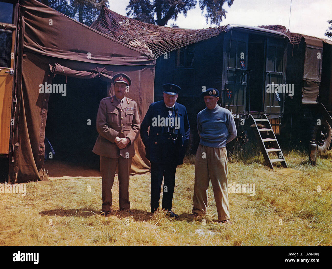 1944 Operation Overlord Winston Churchill Maresciallo di Campo Alan Brooke generale Montgomery Head Quarter Francia Euro Foto Stock