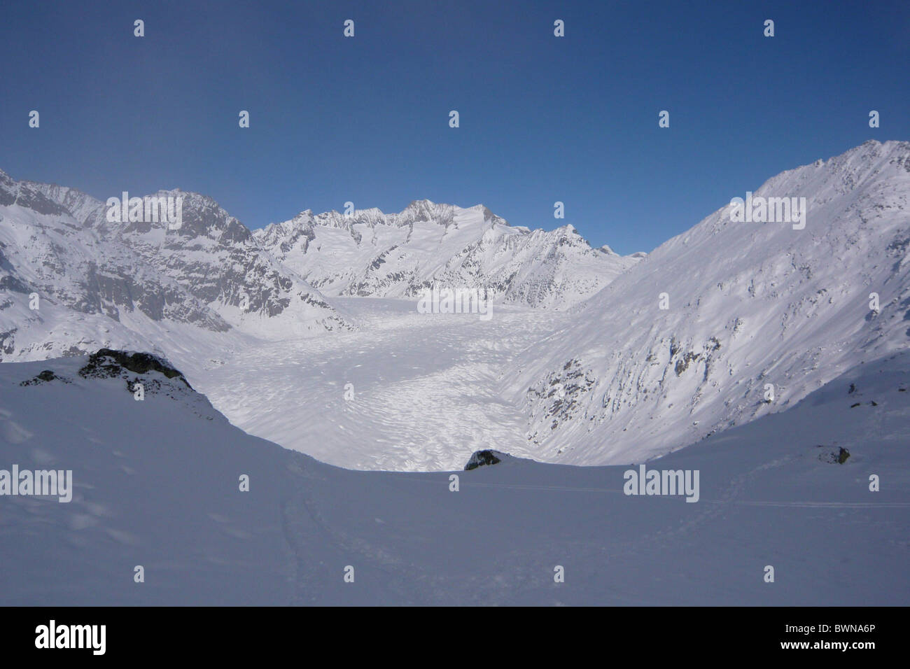 Svizzera Europa Canton Vallese ghiacciaio di Aletsch area di Aletsch Bettmeralp nevicato neve bianco paesaggio alpi m Foto Stock