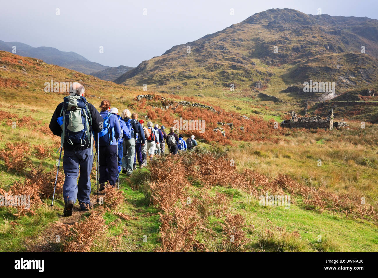 Gruppo di escursionisti a piedi nelle montagne del Parco Nazionale di Snowdonia in autunno. Nantgwynant, Gwynedd, Galles del Nord, Regno Unito. Foto Stock