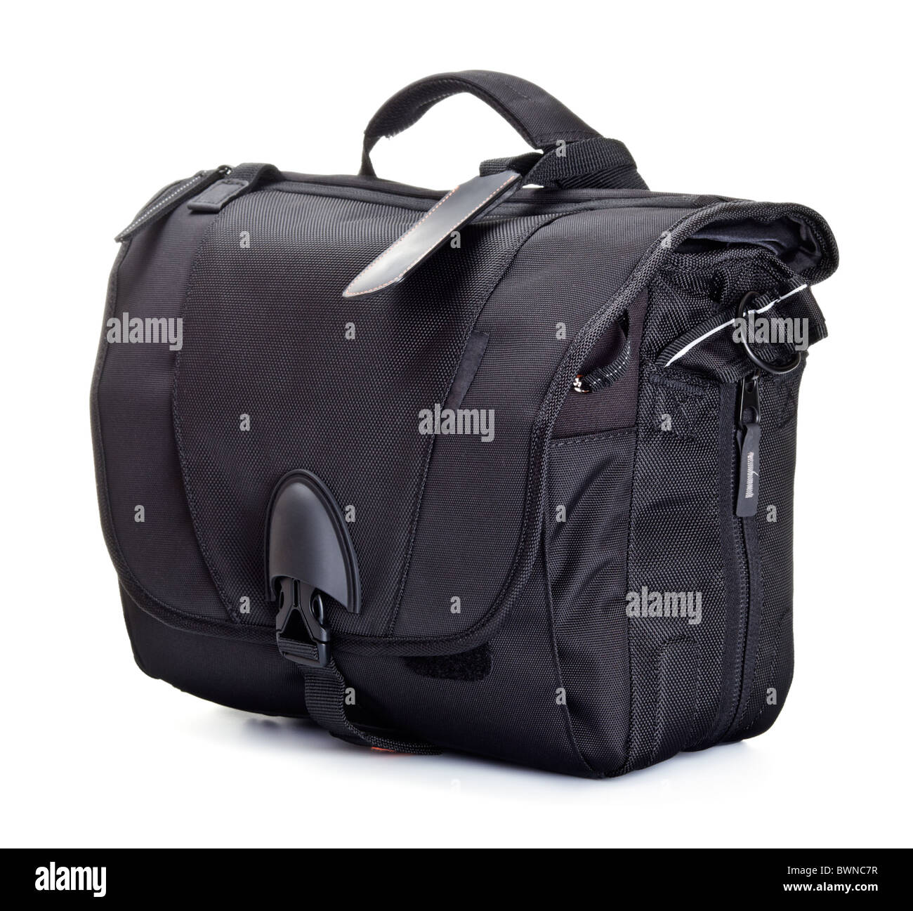 Nero borsa per accessori fotografici, sfondo bianco Foto Stock