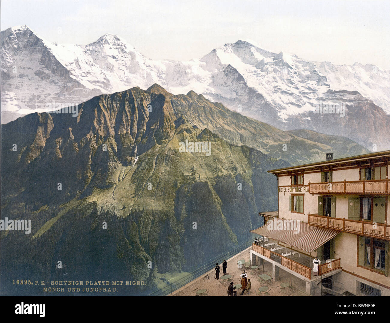 Svizzera Europa Schynige Platte Eiger Monch Jungfrau Bernese Oberland Canton Berna Berna Photochrom histor Foto Stock