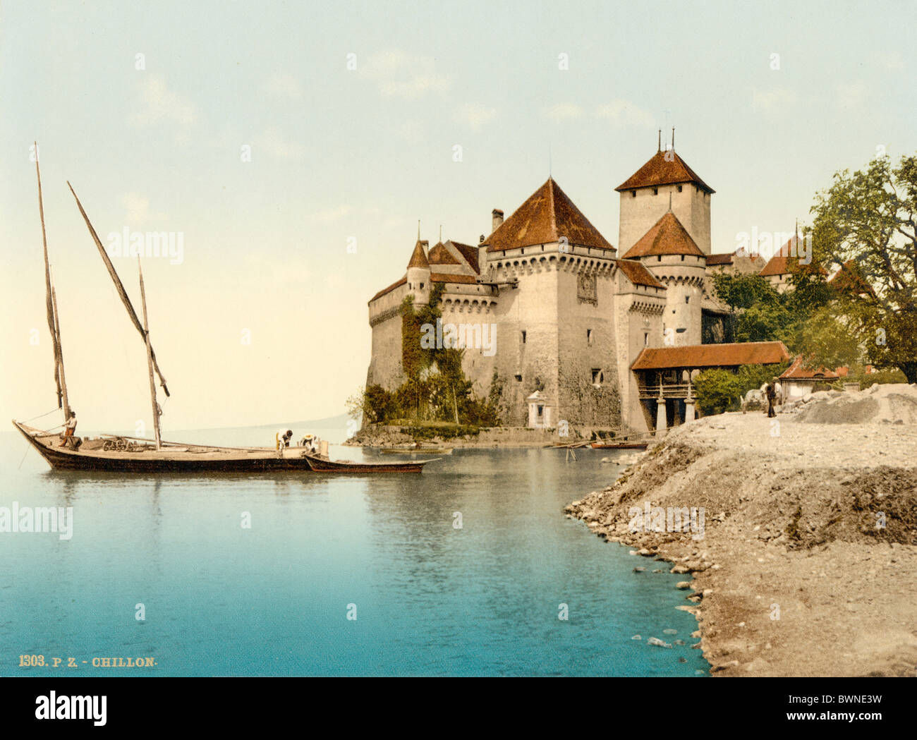 Svizzera Europa del castello di Chillon sul lago di Ginevra Photochrom storia storico 1890-1910 storico battello sailboa Foto Stock