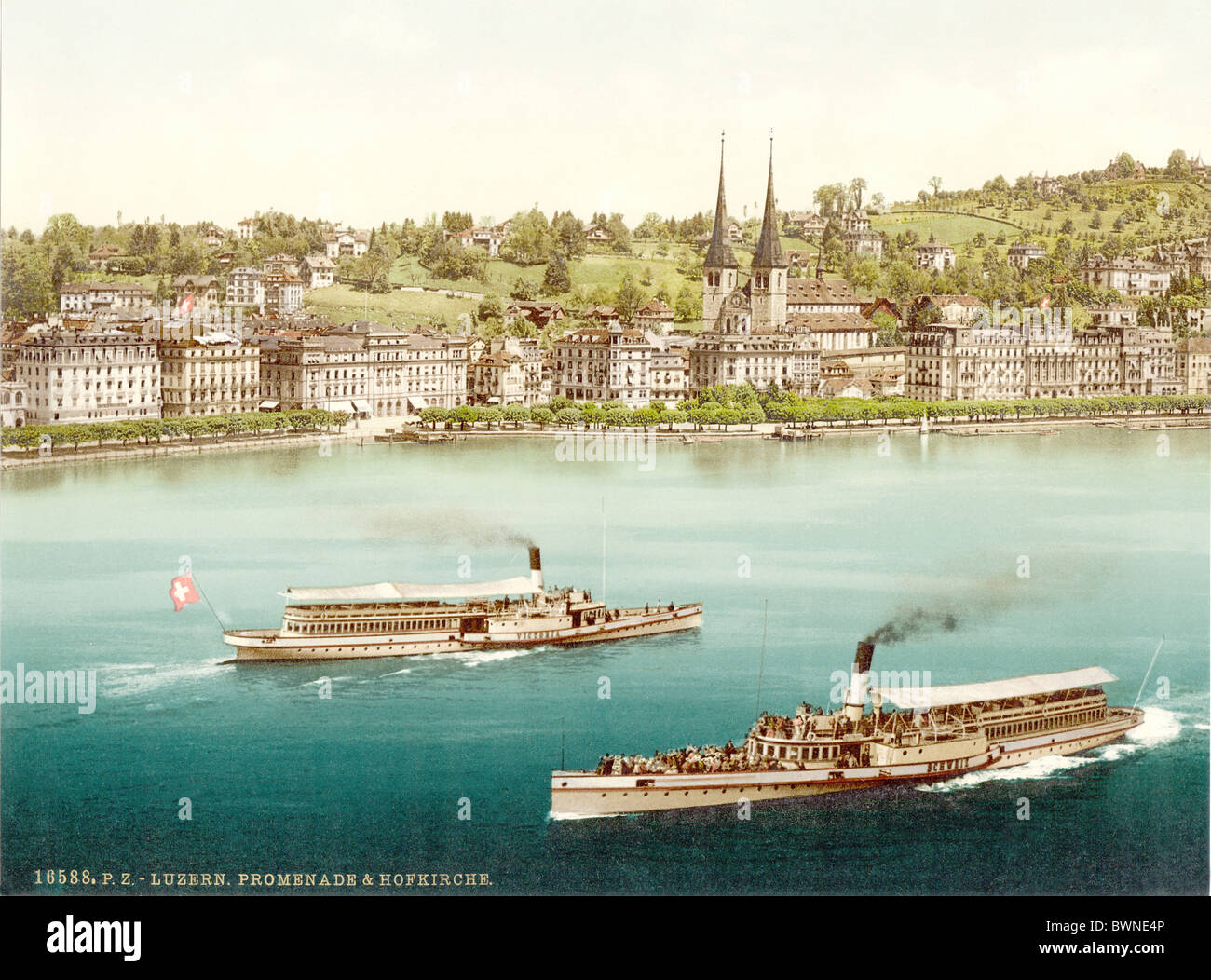 Svizzera Europa città di Lucerna Promenade Hof chiesa Photochrom storia storico 1890-1910 storico stea Foto Stock