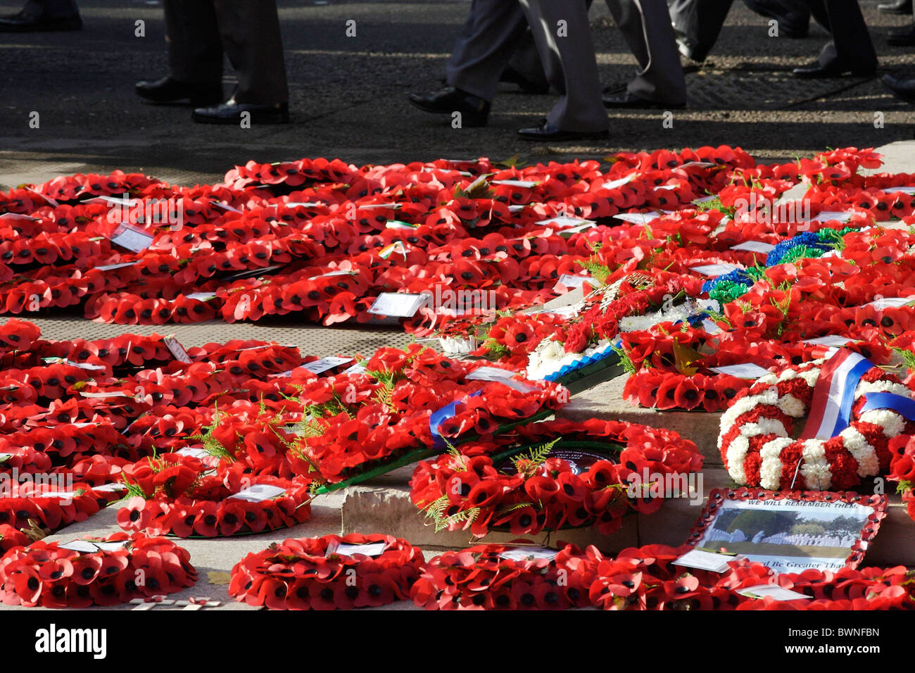 Veterani marzo passato ghirlande presso il cenotafio in Whitehall sul ricordo domenica per commemorare le vittime della guerra Foto Stock