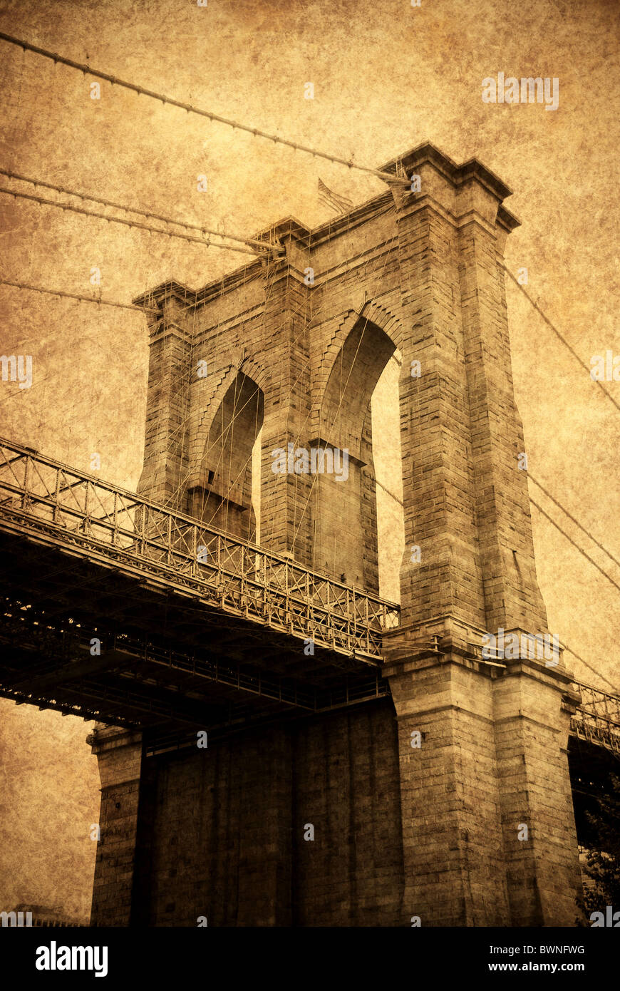New York City Brooklyn Bridge old fashion style close up. Foto Stock