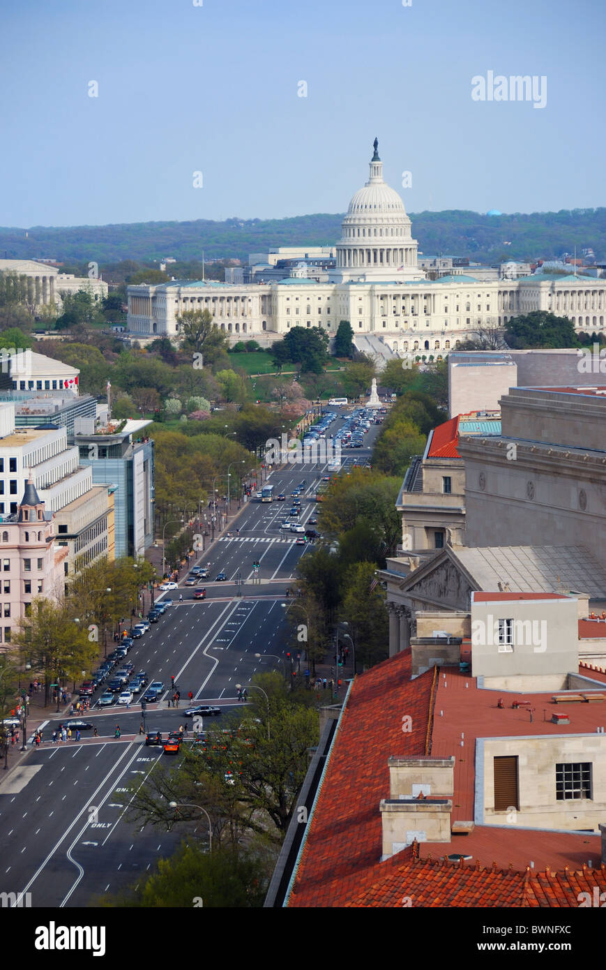 Pennsylvania Avenue a Washington DC, vista aerea con Capitol Hill edificio e street Foto Stock