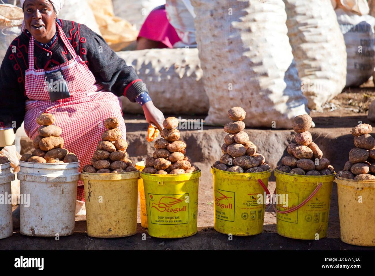 Donna vendita di patate ad un mercato ortofrutticolo in zone rurali del Kenia Foto Stock