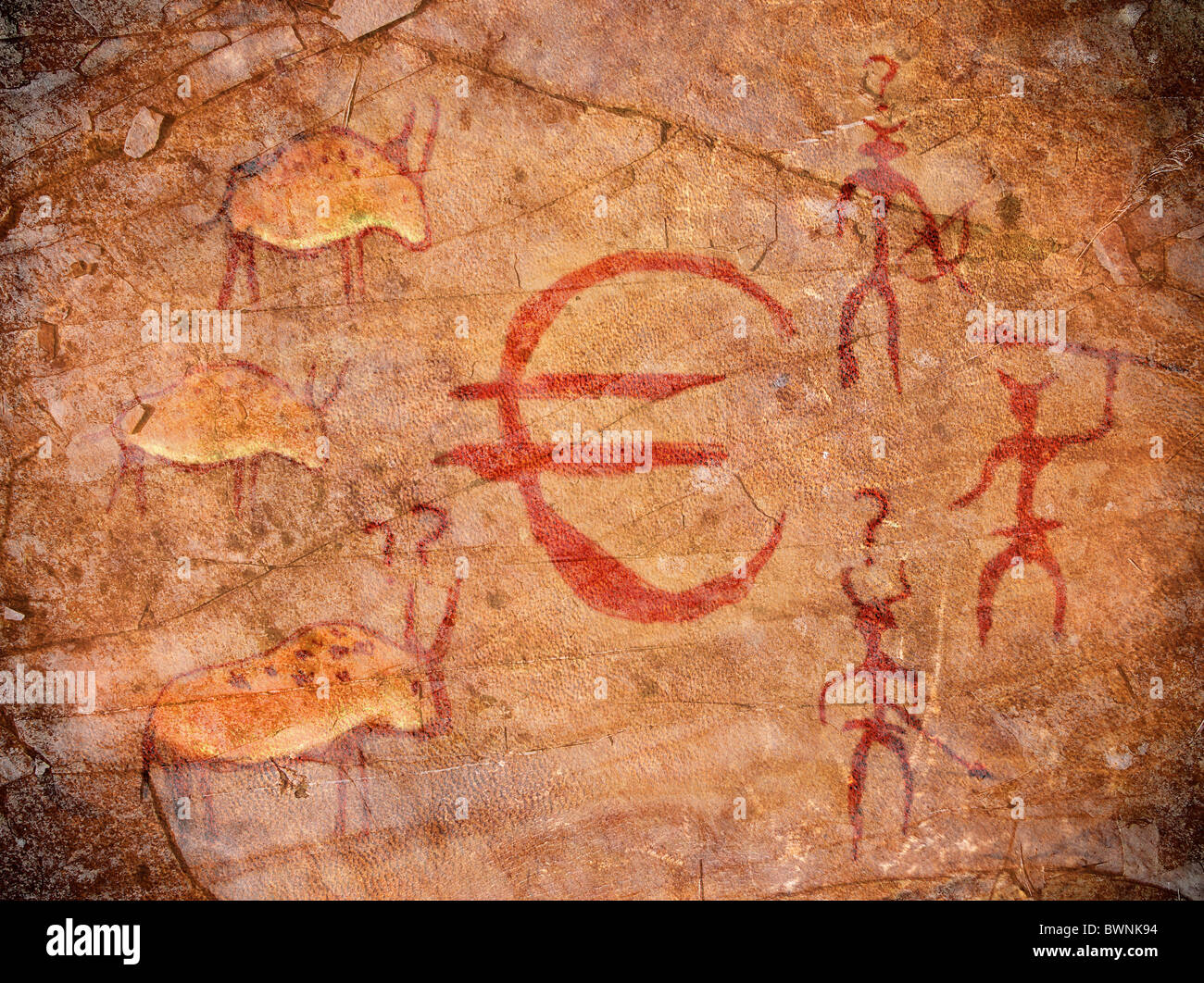 Dolore preistorico con simbolo euro animali e cacciatori Foto Stock