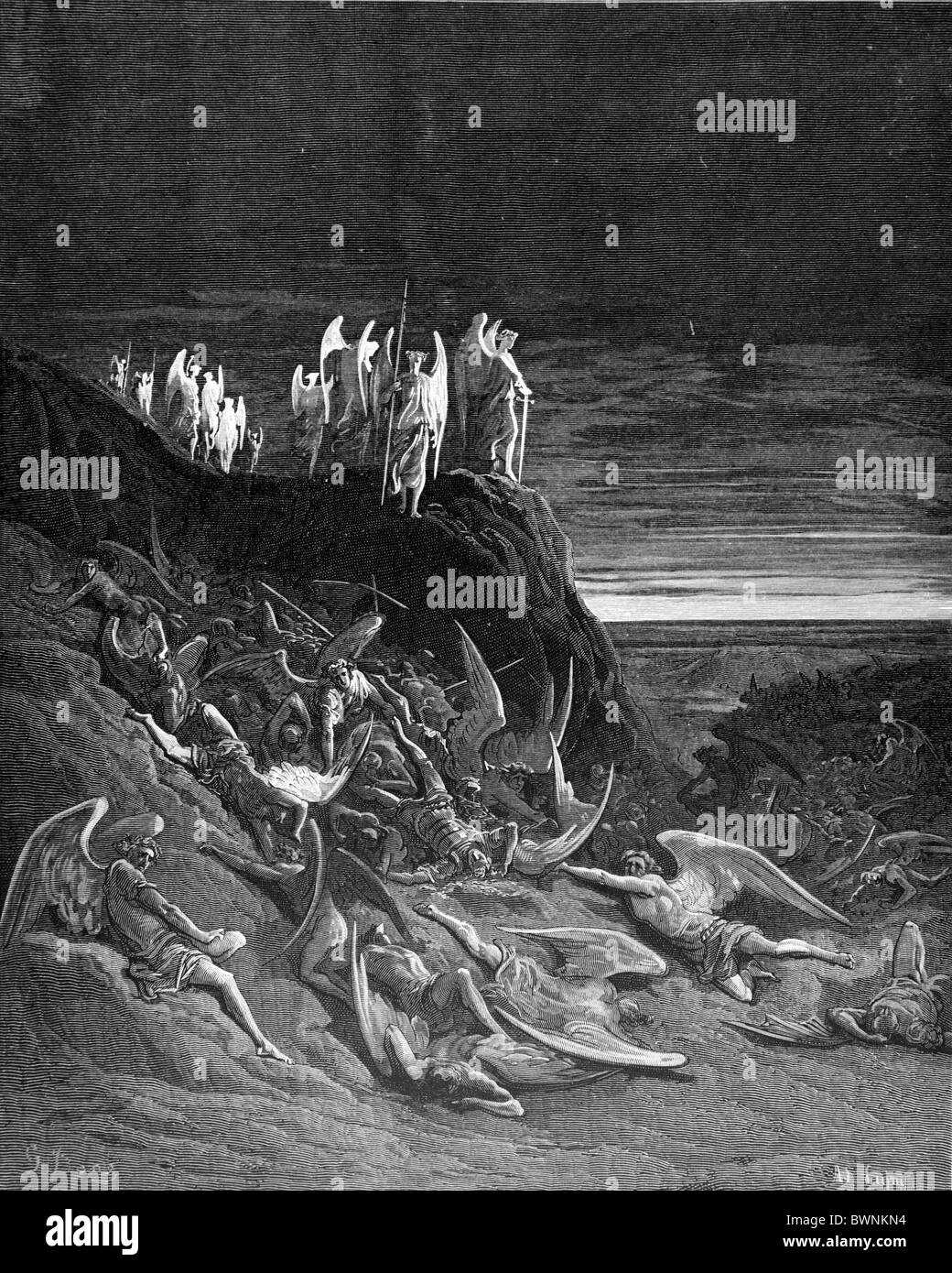 Gustave Doré; la guerra in cielo John Milton il paradiso perduto; Bianco e Nero incisione Foto Stock