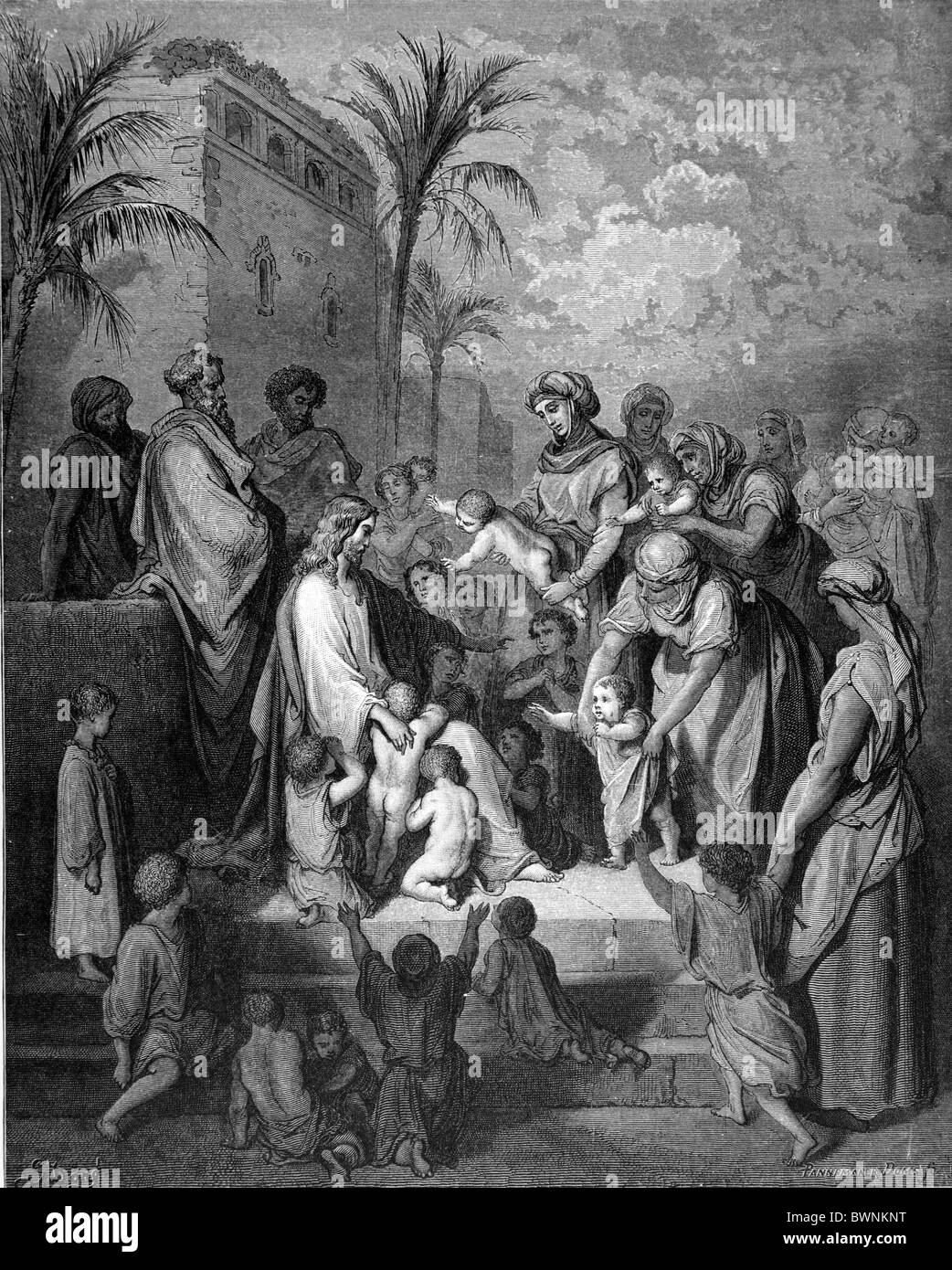 Gustave Doré; Gesù la benedizione dei bambini; contrassegnare Chap 10 v14 - 15; Bianco e Nero incisione Foto Stock