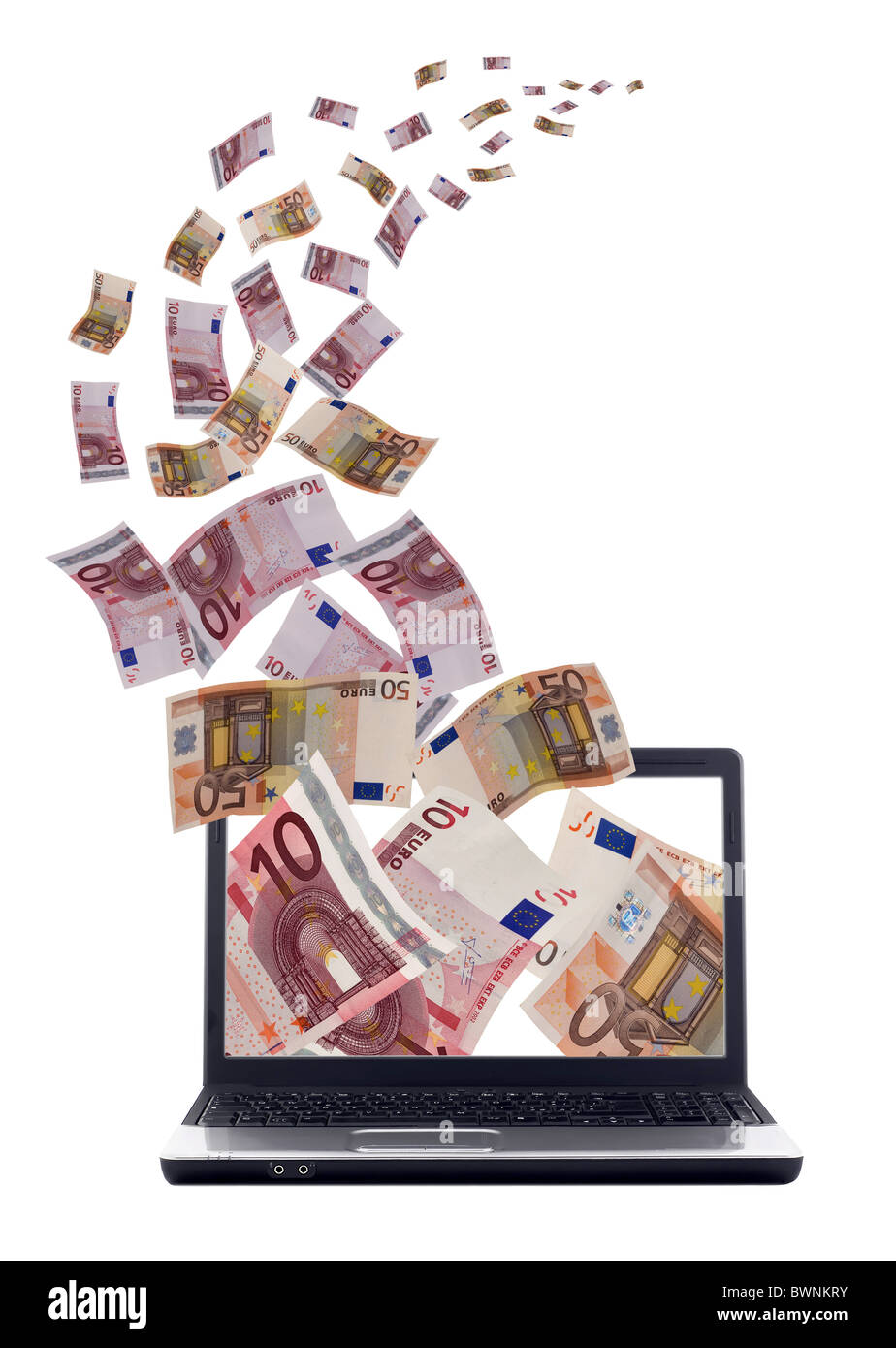 Sacco di soldi volare lontano dal computer portatile Foto Stock