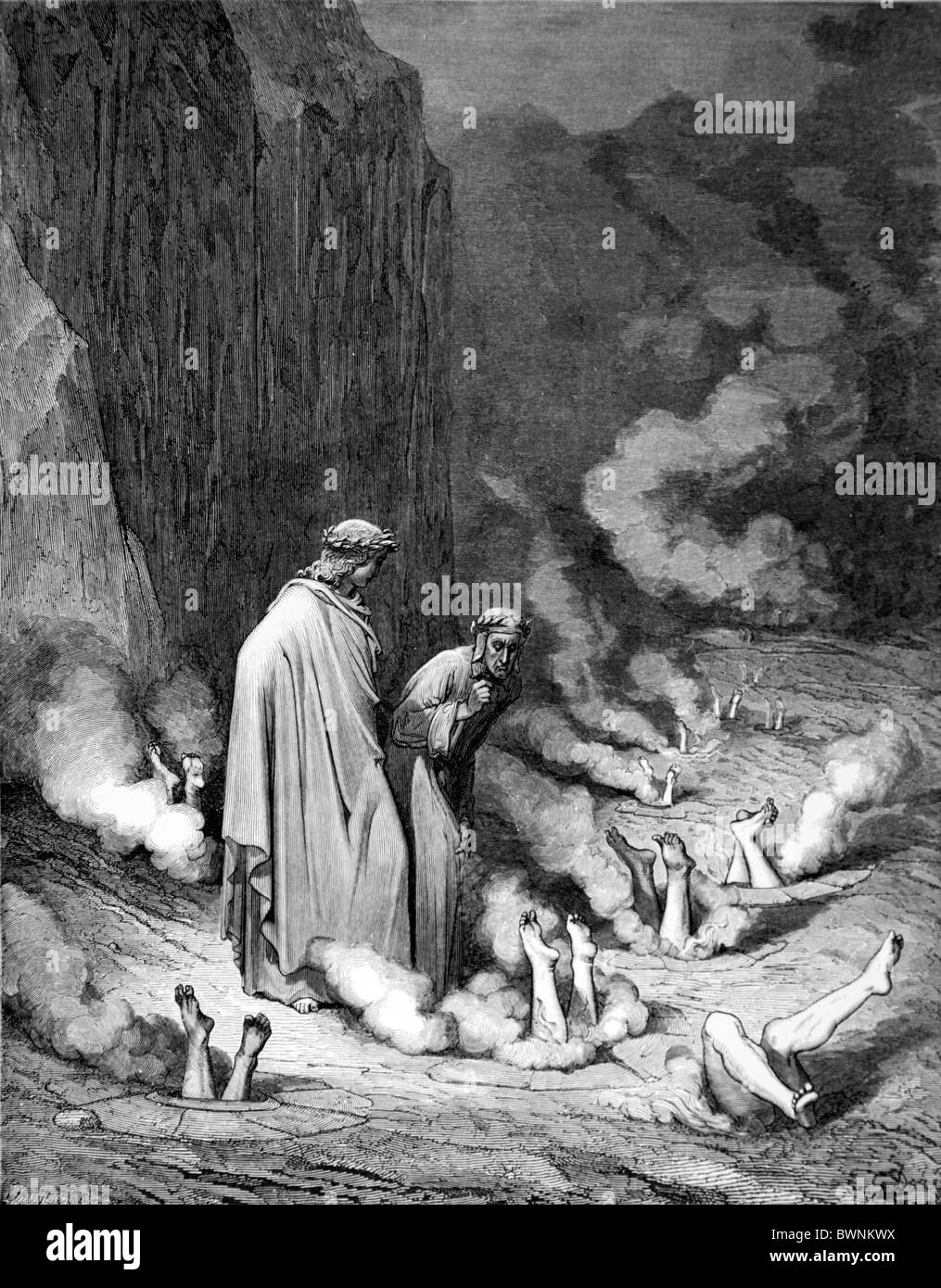 Gustave Doré; la punizione di Simonists da Dante Aghlieri della Divina Commedia; Bianco e Nero incisione Foto Stock
