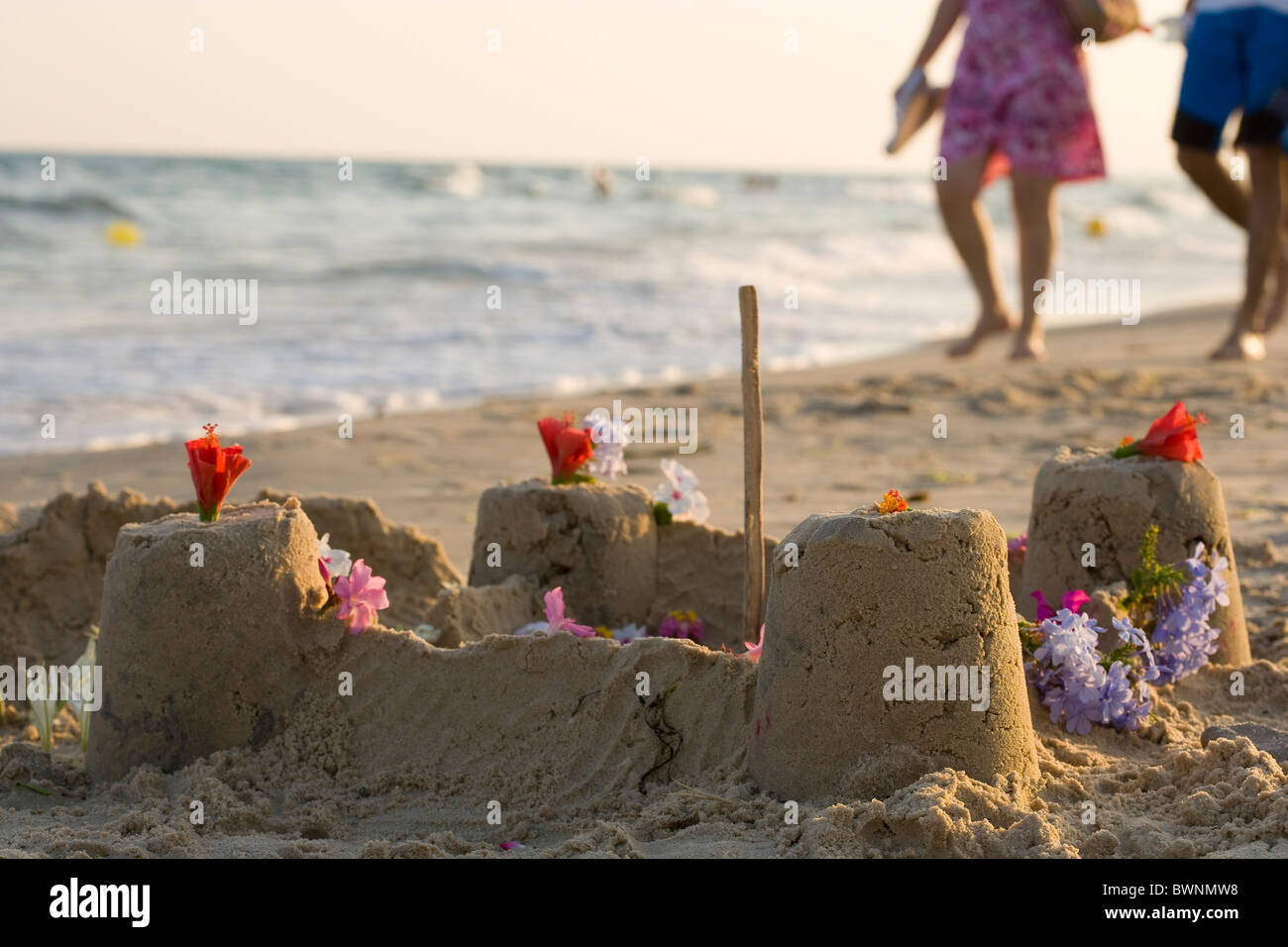 Sandcastle su una spiaggia Foto Stock