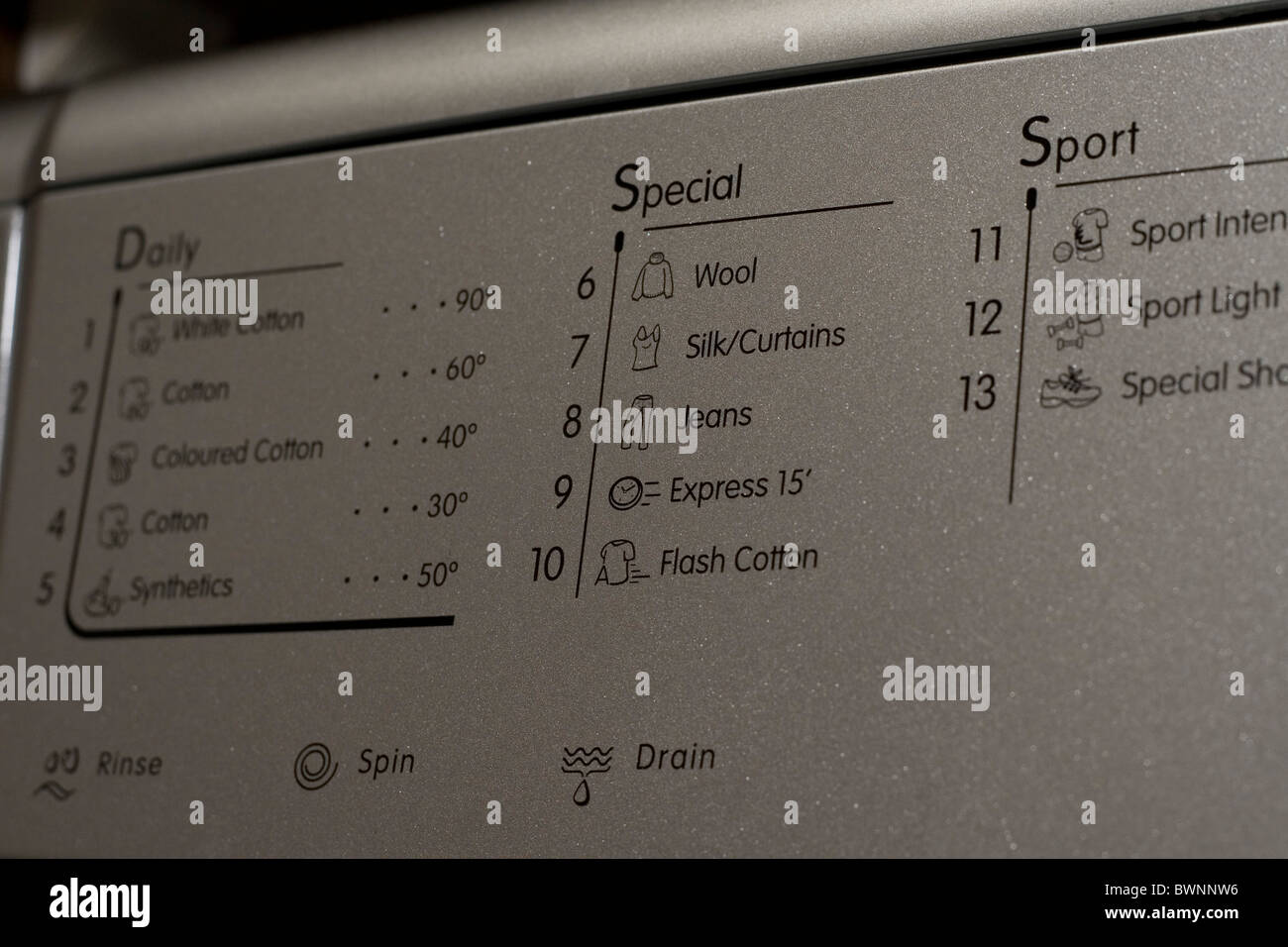 I vari cicli di lavaggio su un moderno argento macchina di lavaggio Foto Stock