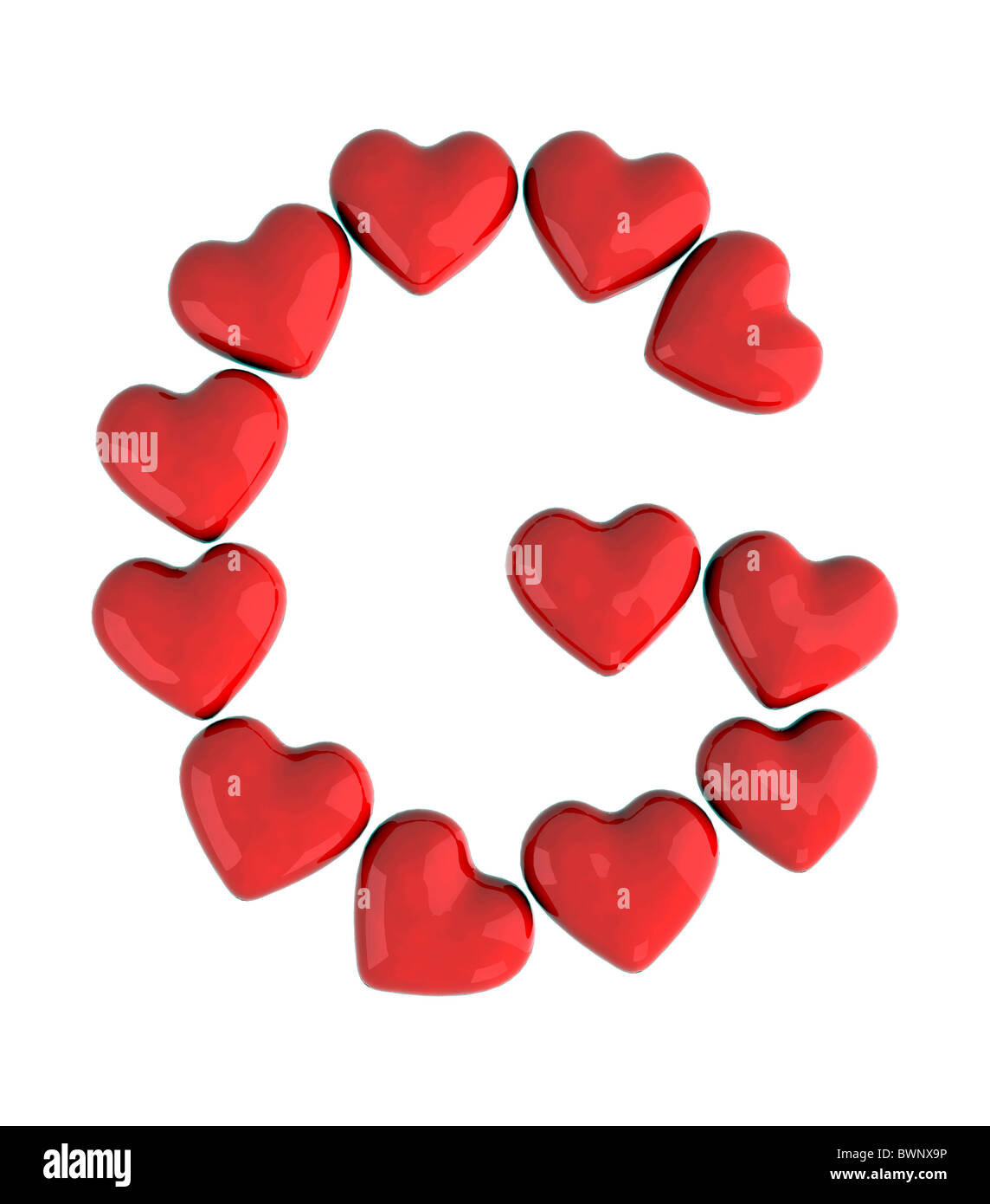 Lettera g con cuori rossi Foto Stock