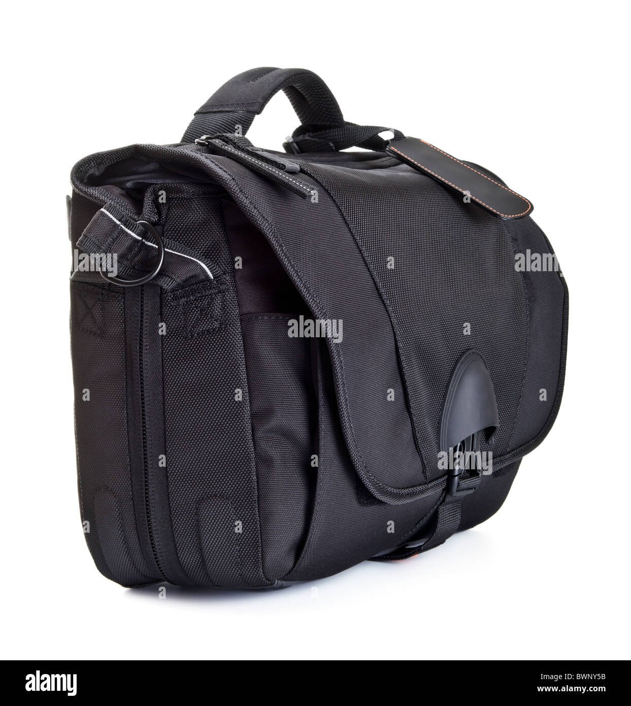 Nero borsa per accessori fotografici isolato su bianco Foto Stock