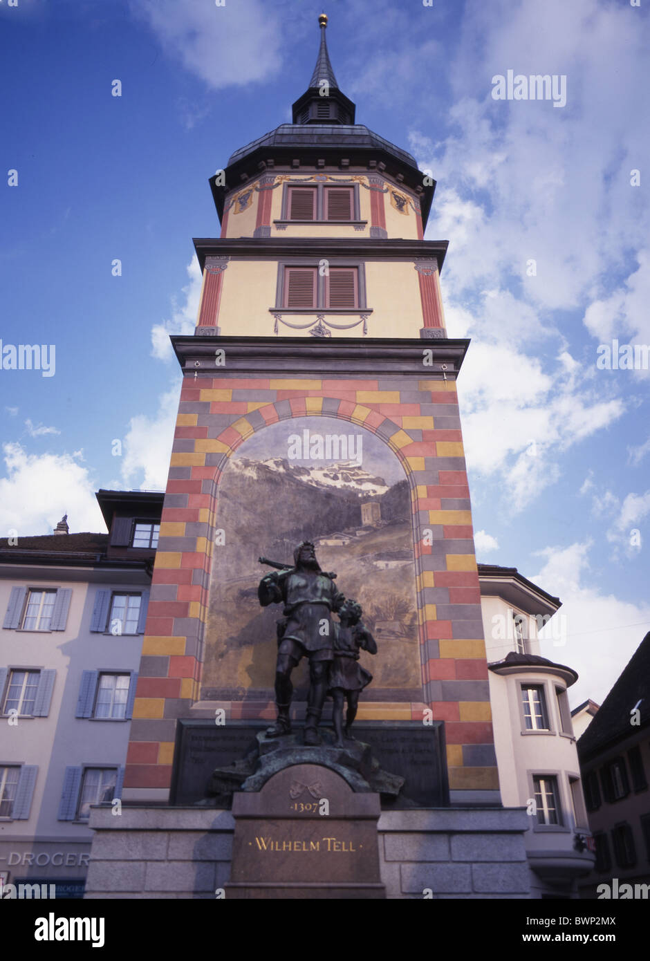 Svizzera Europa Canton Uri Altdorf Dillo ad memory Wilhelm Tell Guglielmo Tell eroe nazionale statua scultura M Foto Stock