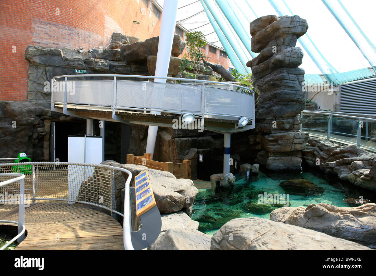 La passerella che si eleva al di sopra del Apri area di visualizzazione del Bristol Bluereef Aquarium Foto Stock
