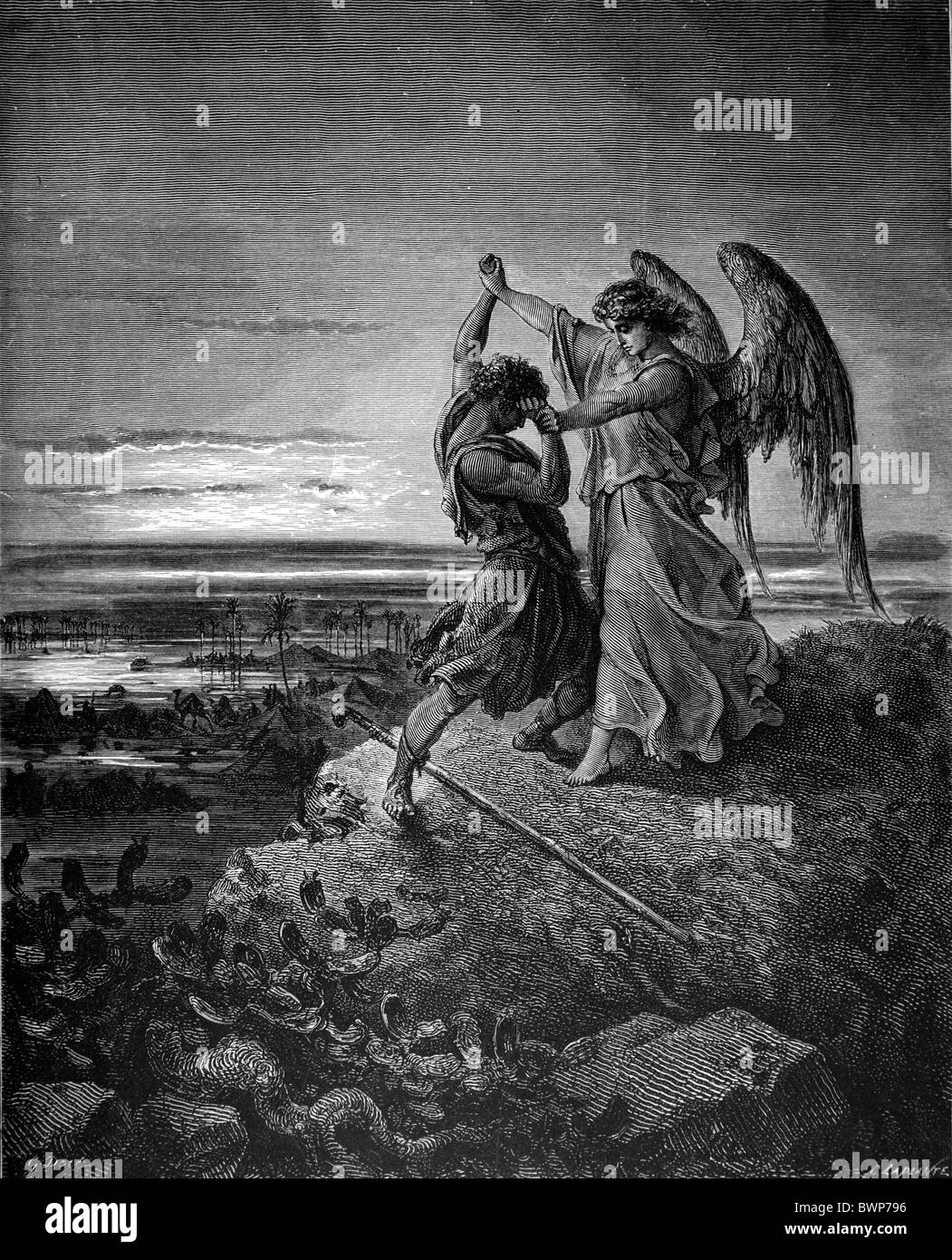 Gustave Doré; Giacobbe lotta con Satana; Bianco e Nero incisione Foto Stock