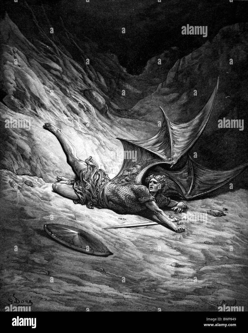 Gustave Doré; Satana percosso da Michael da John Milton il paradiso perduto; Bianco e Nero incisione Foto Stock