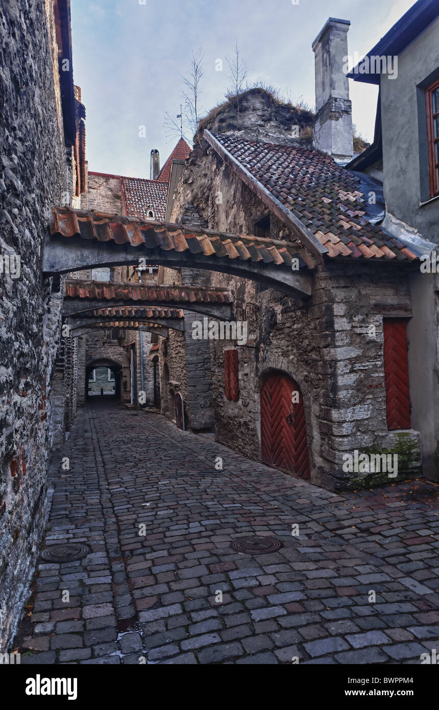 Vecchie case di Tallinn in Katarina street presi in HDR per meglio mostrare i dettagli nelle pareti e pavimentazione Foto Stock