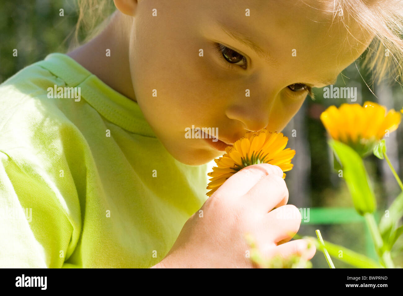 Close-up di ragazza innocente godendo di profumo di fiori all'aperto Foto Stock
