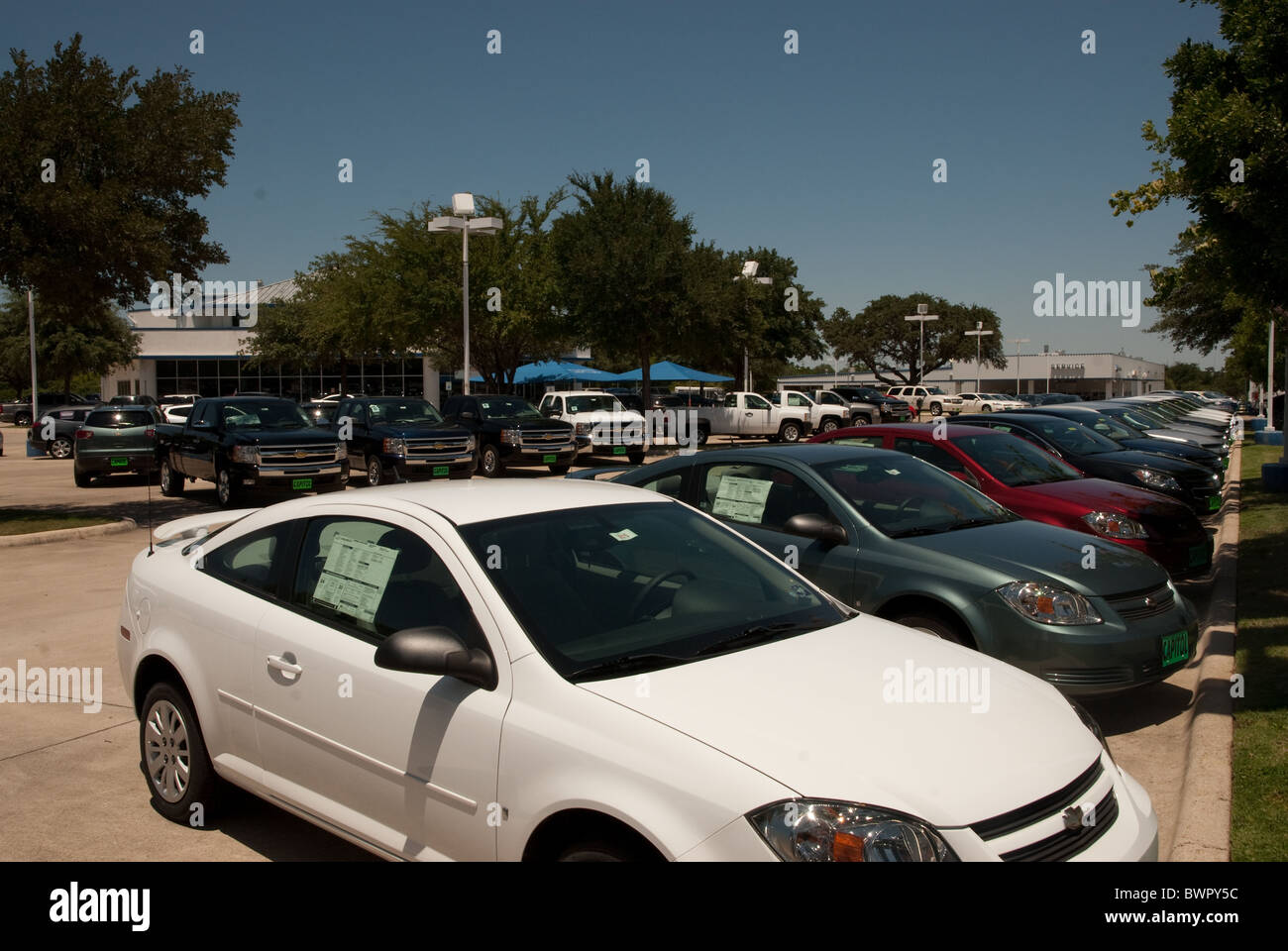 Nuove vetture parcheggiate in una fila in una concessionaria Ford a Austin, Texas, Stati Uniti d'America Foto Stock