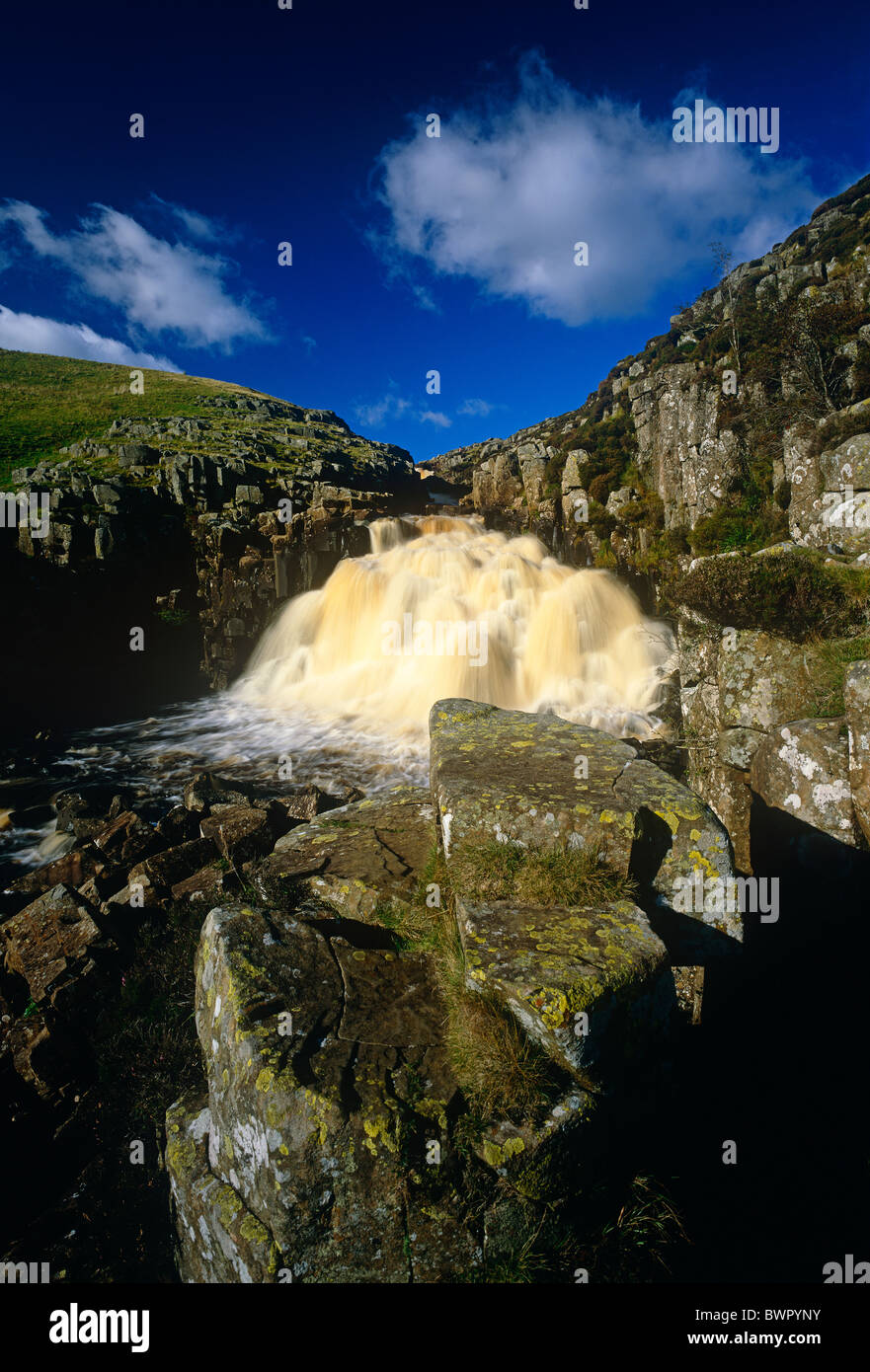 Una vista del Calderone muso di cascata e il Fiume Tees in Teesdale superiore, nella contea di Durham Foto Stock