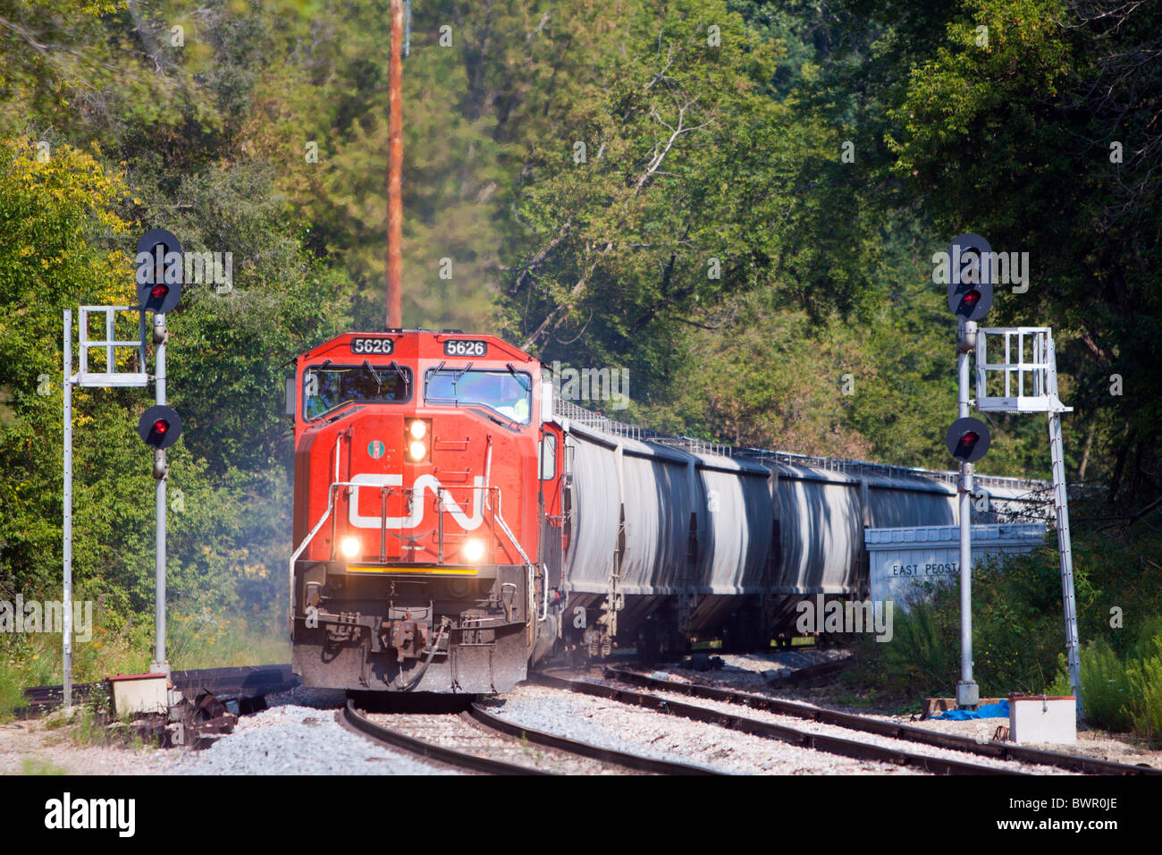 Un Canadian National treno merci tuona in salita fuori del Mississippi River Valley a Peosta, Iowa. Foto Stock