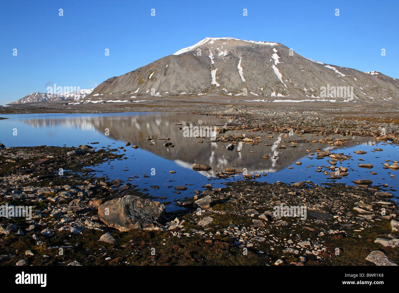 La tundra lago su Palffyodden e monte Hohenlohefjellet, NW Sorkappland, Spitsbergen Foto Stock
