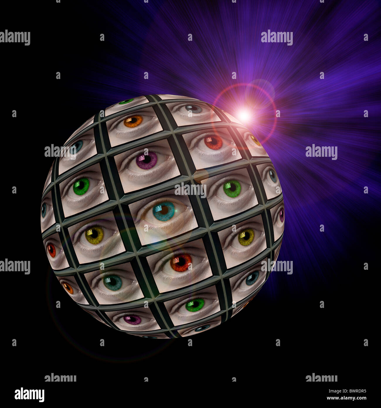 Sfera di schermi video che mostra multi-colore occhi con un'esplosione di luce in background con lens flare Foto Stock