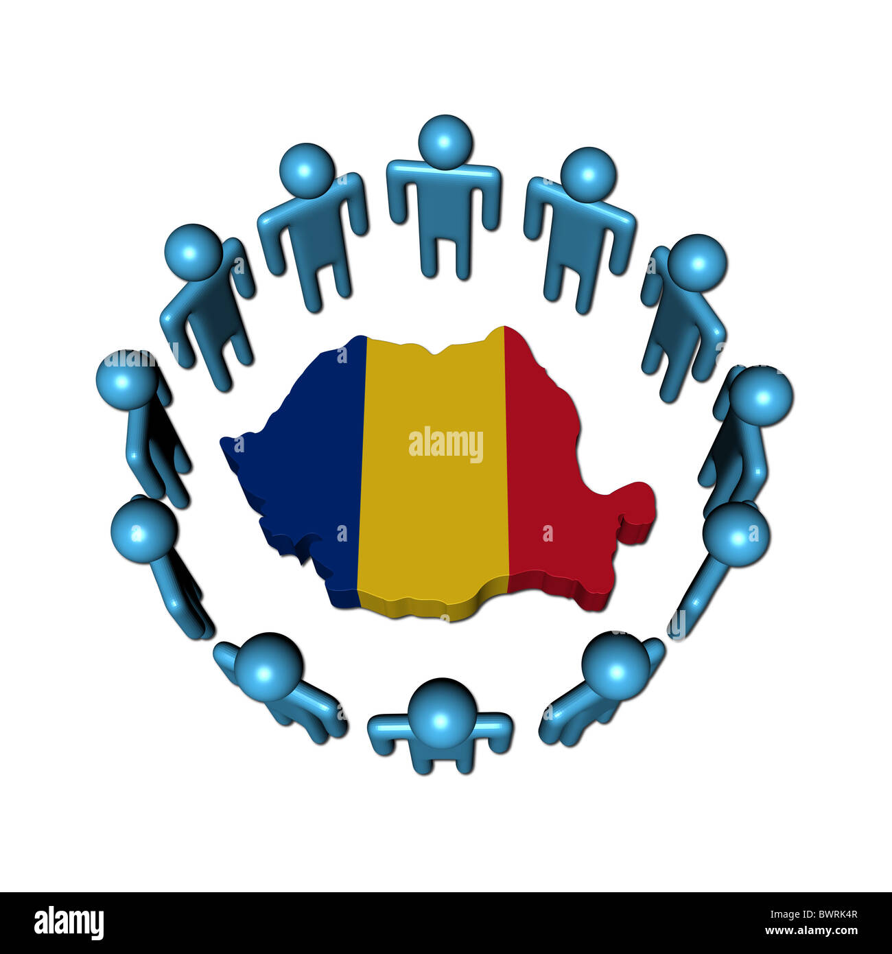 Cerchio di astratti persone intorno a Romania bandiera mappa immagine Foto Stock