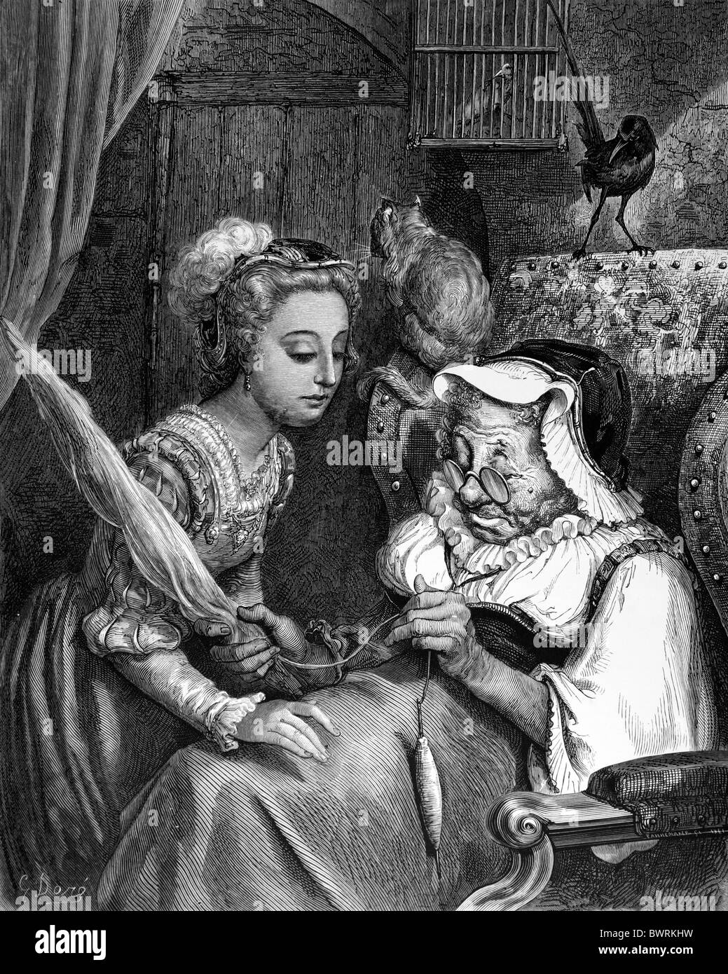 Gustave Doré; la principessa e la Fata nonostante dal mondo fiabesco dalla cappa giovani; Bianco e Nero incisione Foto Stock