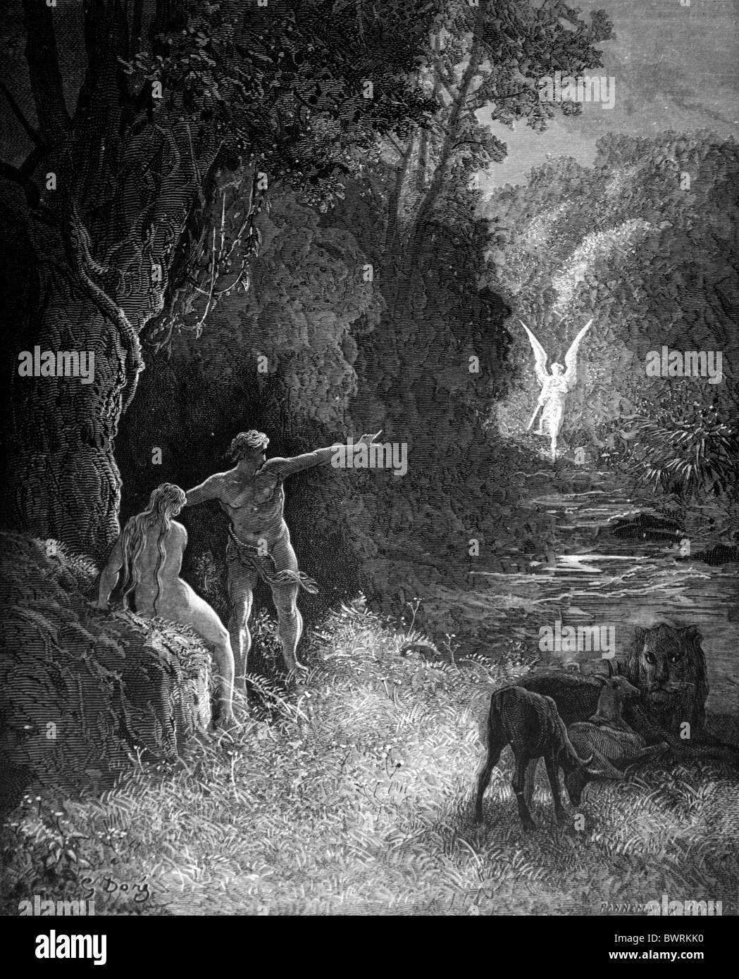 Gustave Doré; la venuta dell'Angelo Raffaello da John Milton il paradiso perduto; Bianco e Nero incisione Foto Stock