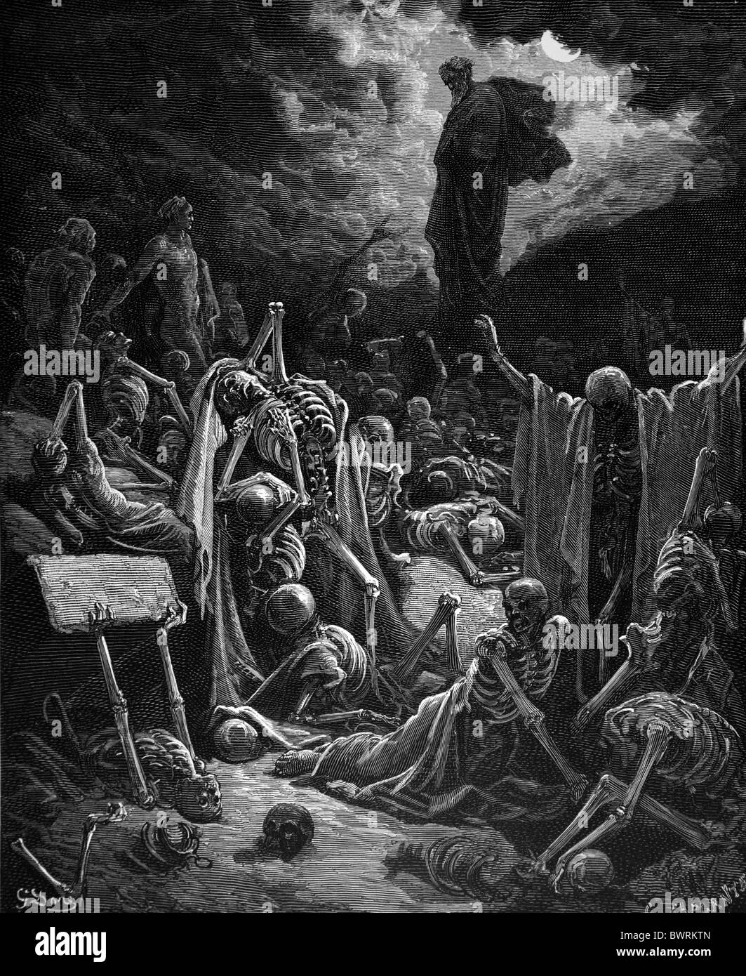 Gustave Doré; la visione della Valle delle ossa aride (Ezechiele Chap 37); Bianco e Nero incisione Foto Stock