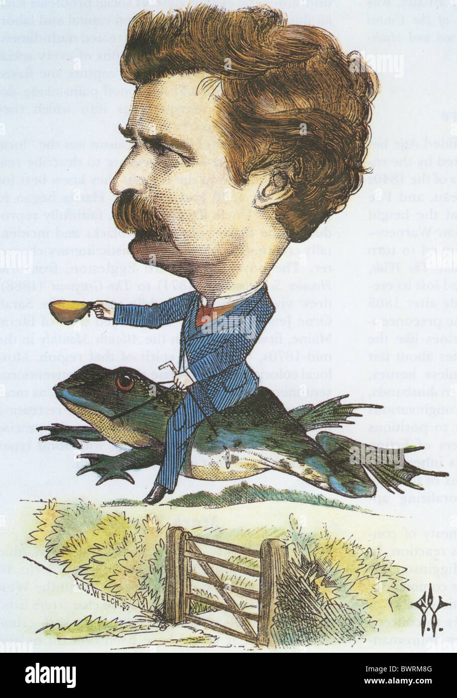 MARK TWAIN in sella alla sua "celebrato Jumping Frog della contea di Calaveras' in un 1872 cartoon di artista inglese Frederick Waddy Foto Stock